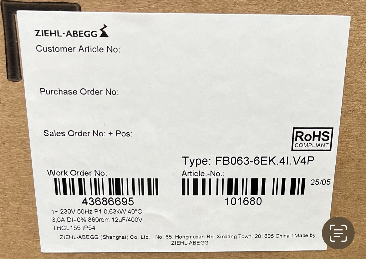FB063-6EK.4I.V4P ZIEHL-ABEGG Axial Fan 230V 0.47kW 2.3A 920rpm