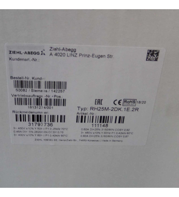 RH25M-2DK.1E.2R ZIEHL-ABEGG centrifugal fan 3-460V 0.86 W 1.3 A 3280 rpm