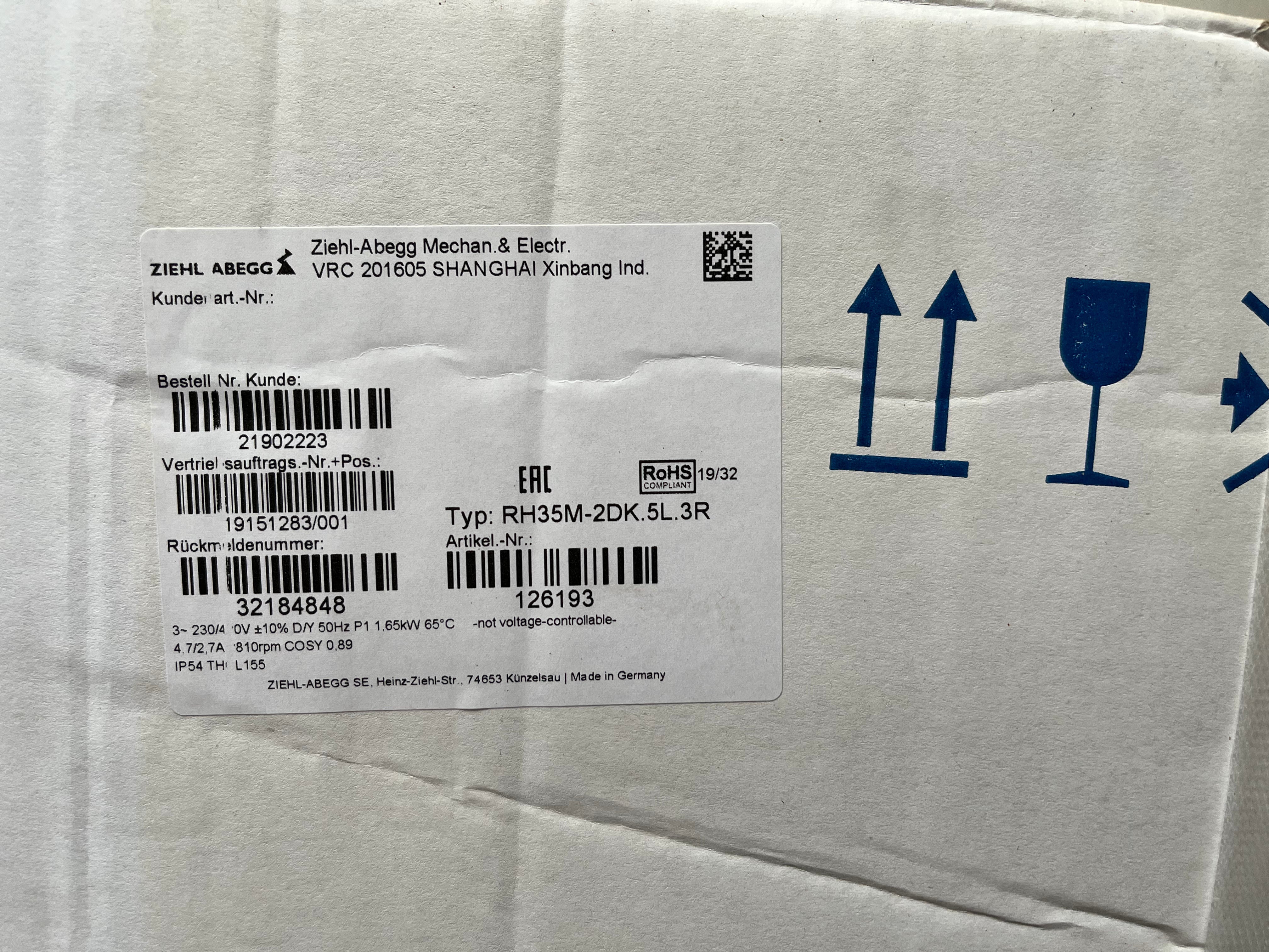 Brand new RH35M-2DK.5L.3R ZIEHL-ABEGG centrifugal fan 3~ 230/400V 50Hz 1650W 2810r/min