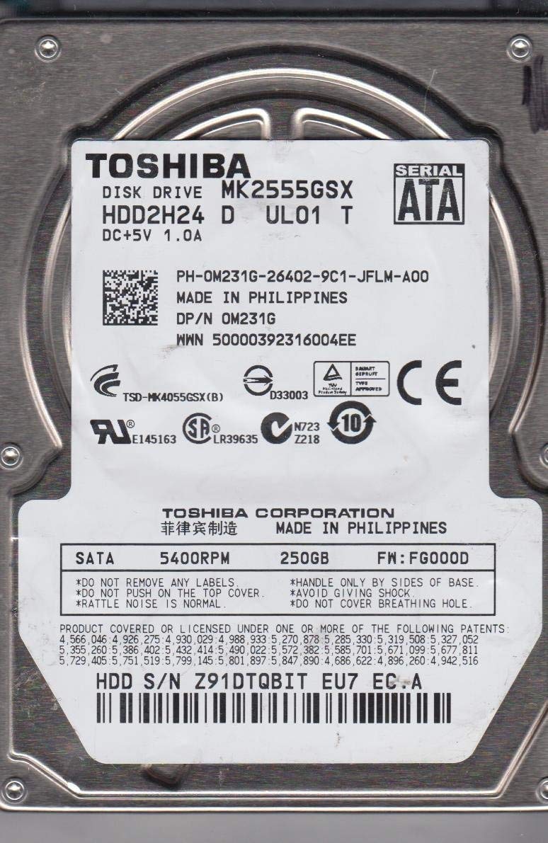 Toshiba 250GB (MK2555GSX) 5400 RPM 8MB Cache 2.5" SATA 3.0Gb/s Laptop Hard Drive - MK2555GSX