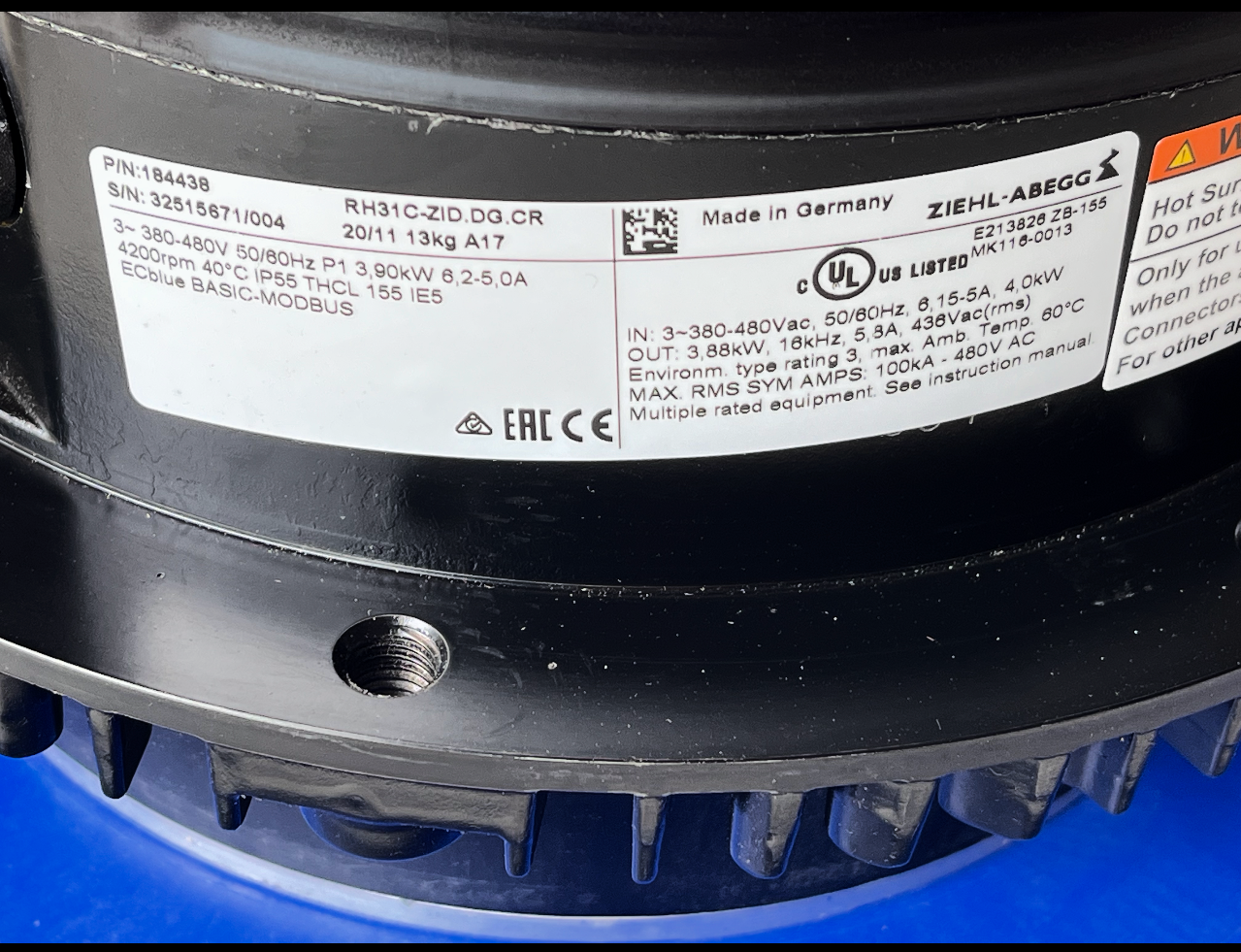 RH31C-ZID.DG.CR ZIEHL-ABEGG centrifugal fan 3-380-480V 50/60HZ 3.9kW, 6.2A High-Speed Industrial