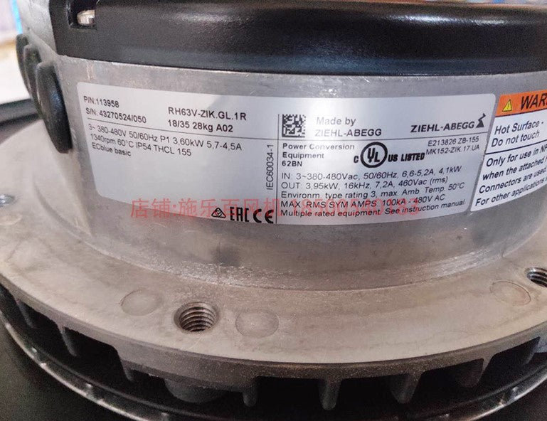 RH63V-ZIK.GL.1R ZIEHL-ABEGG centrifugal fan 3~380/480V 3.6kW 5.7/4.5A 1340rpm