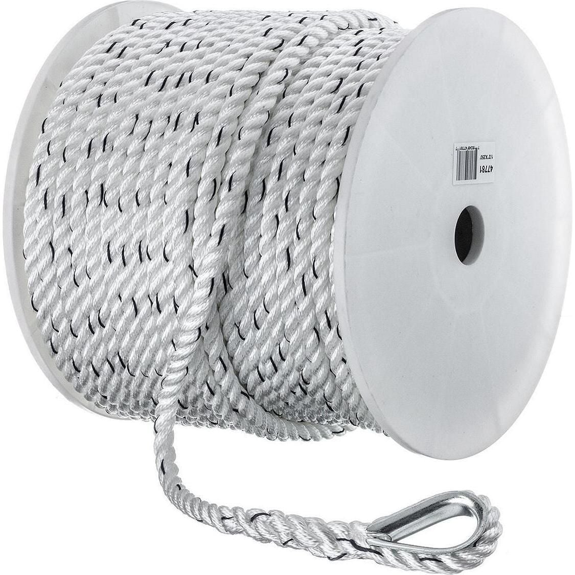 Seachoice 47781 Premium 3-Strand Twisted Nylon Anchor Line White w/ Blue Tracer, 1/2" x 250'
