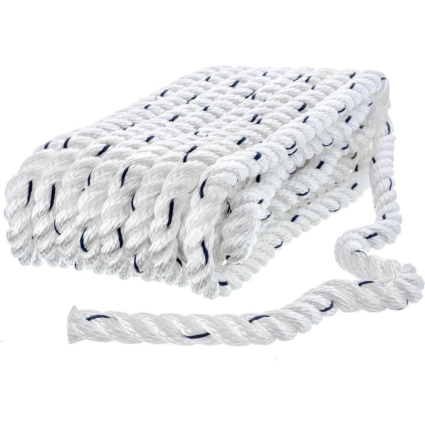Seachoice 47521 Premium 3-Strand Twisted Nylon Dock Line, White w/ Blue Tracer, 3/8" x 20'