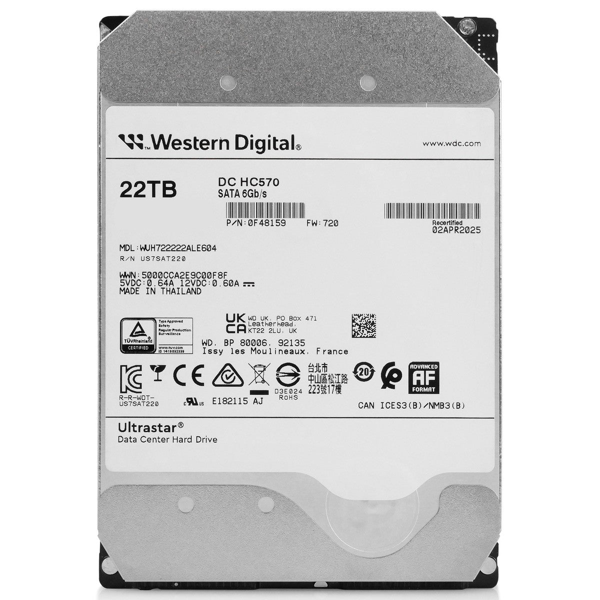 WD Ultrastar HC570 22TB WUH722222ALE604 0F48159 7.2K RPM SATA 6Gb/s 3.5" HDD