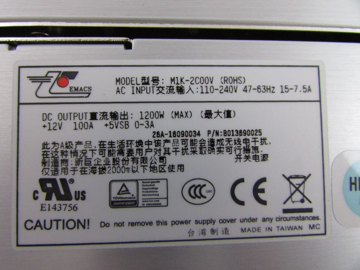 Zippy EMACS M1K2-5C01V4H 1U 1200w Redundant Server Power Supply w/2 Pwr Modules