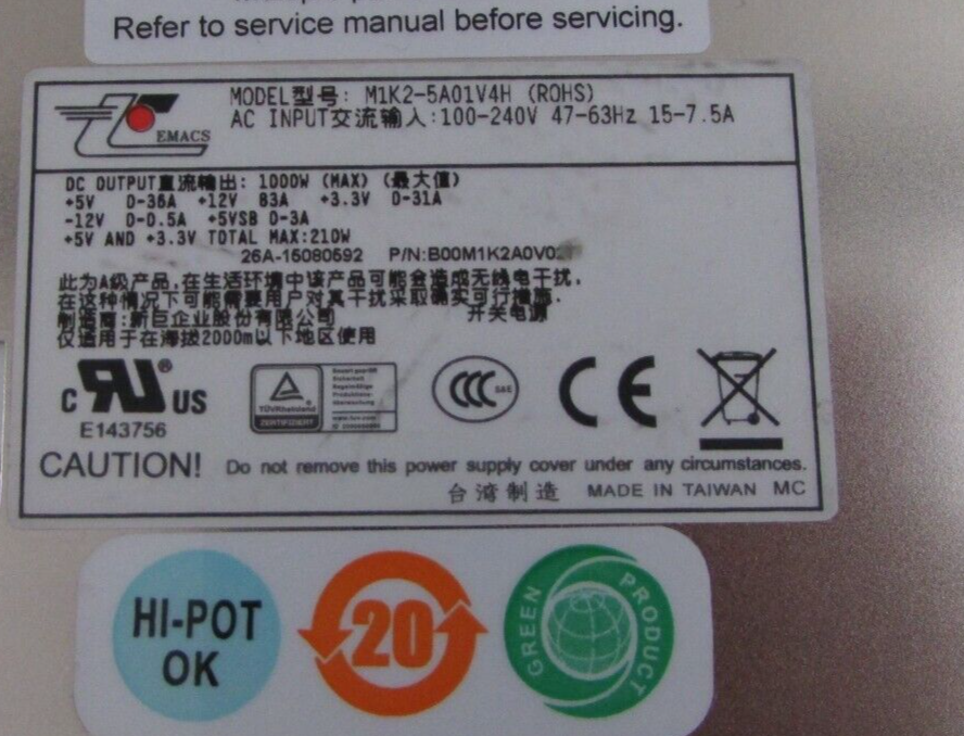 Zippy EMACS M1K2-5A01V4H 1U Redundant Form 1000W 2x M1K-2A00V Modules PWR System