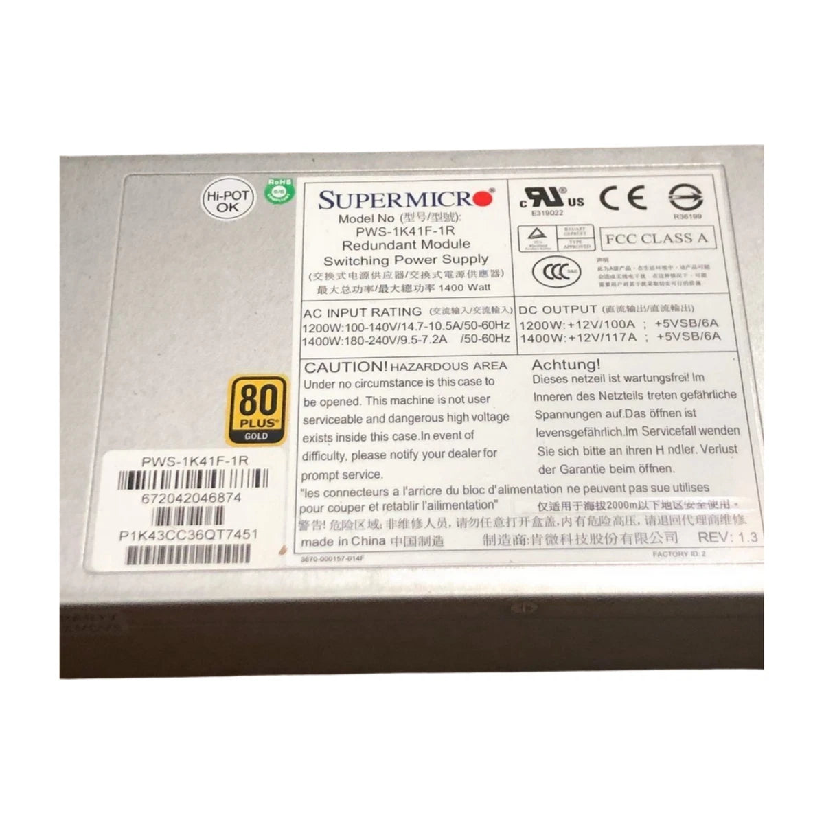 SuperMicro PWS-1K41F-1R Redundant Module Switching Power Supply 1400 watt