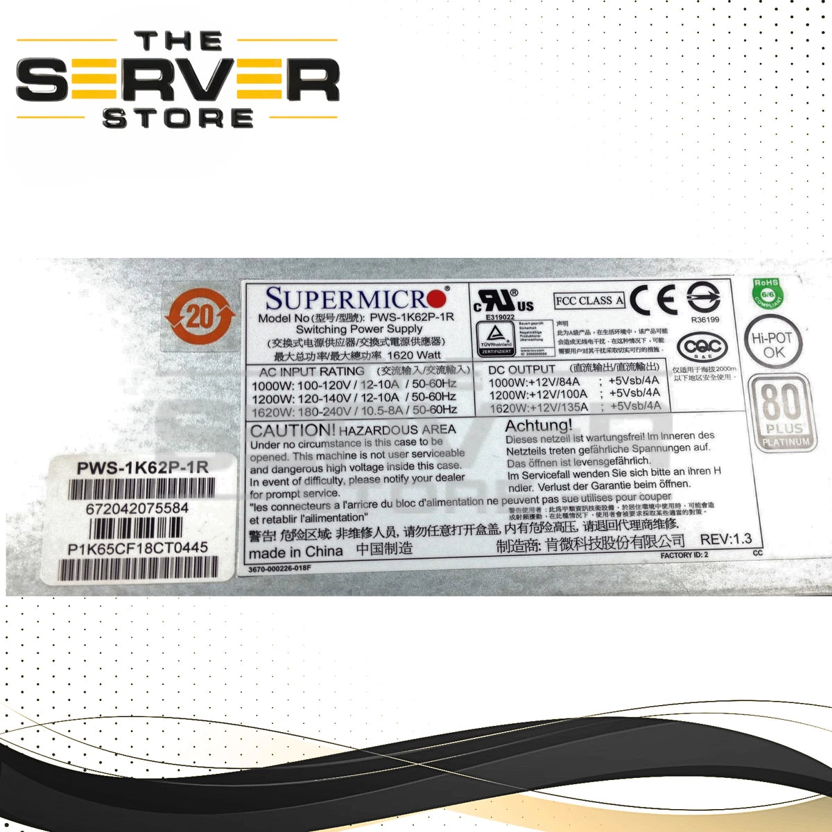 Supermicro 1620W 80 Plus Platinum Power Supply PWS-1K62P-1R