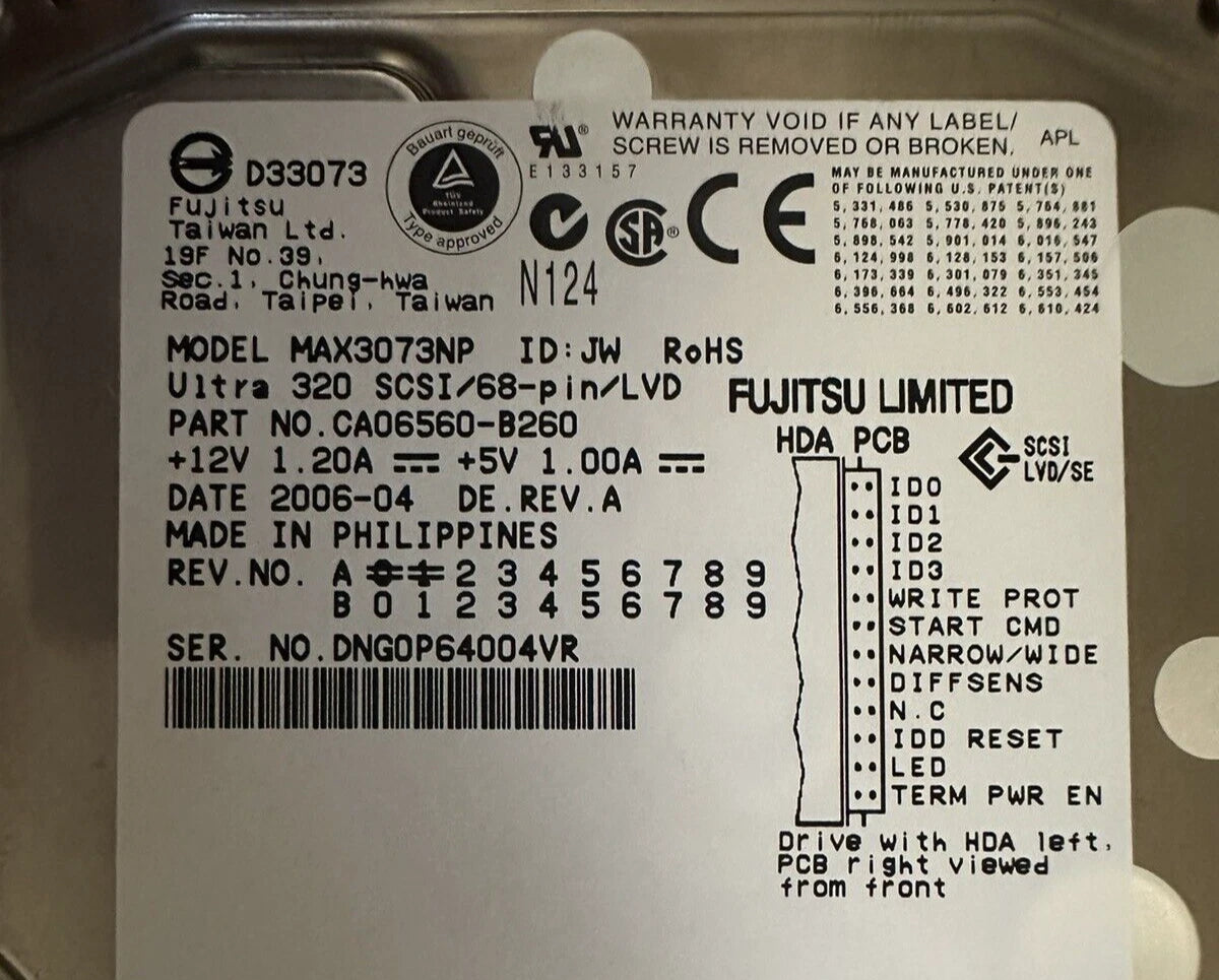 Fujitsu MAX3073NP 73GB 68 Pin 15K RPM Wide SCSI CA06560-B260 Low Power on Hours|156329970814