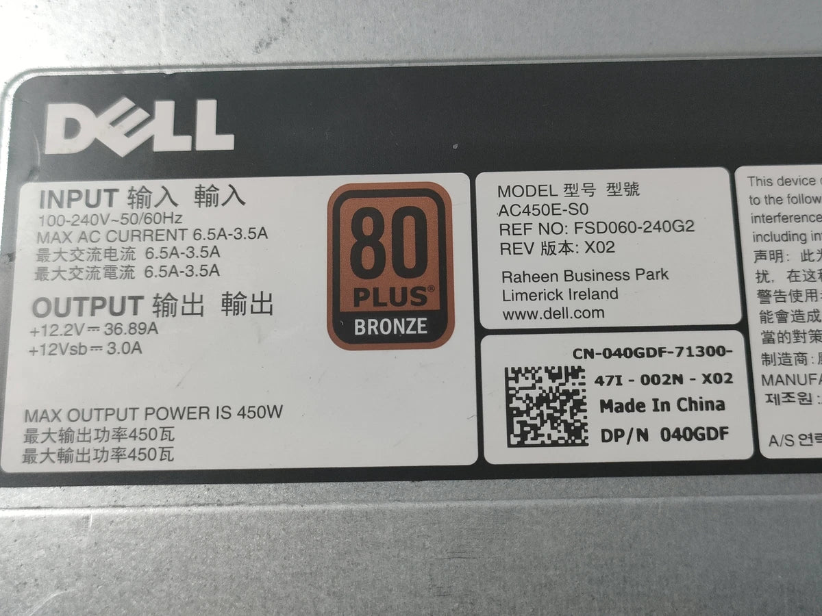 For Dell PowerEdge Server T430 450W Power Supply AC450E-S0 040GDF 40GDF
