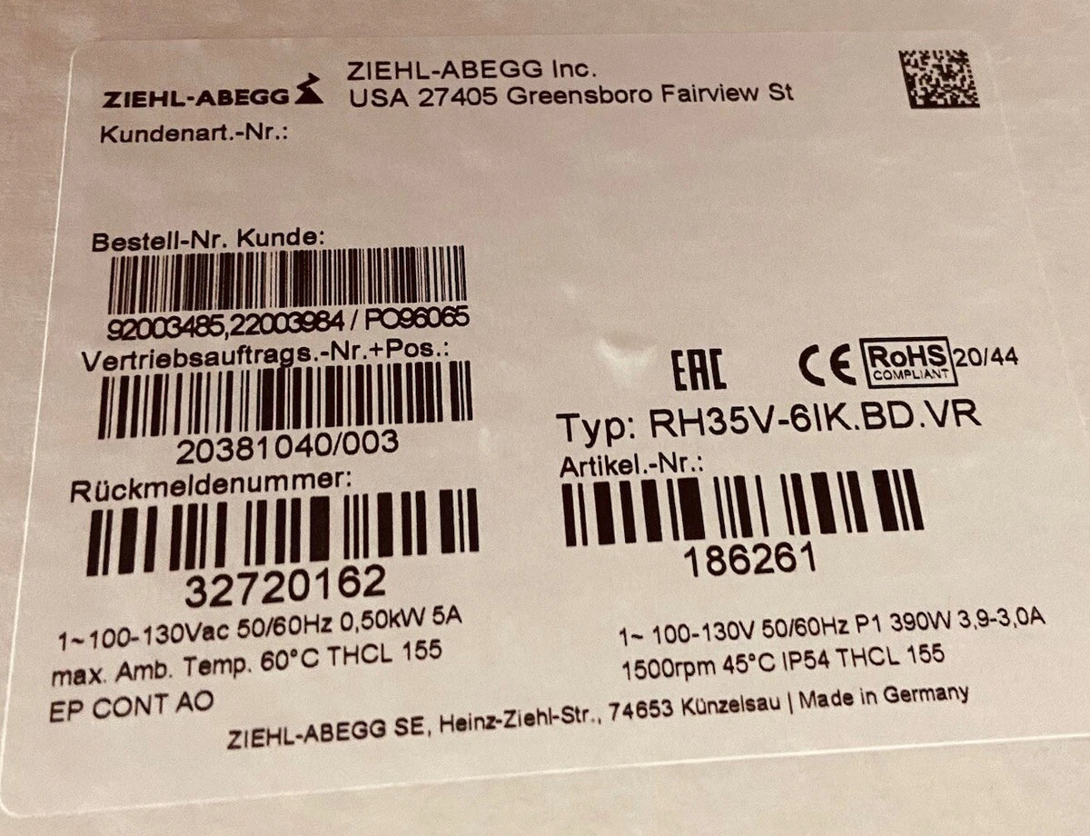 Ziehl-Abegg RH35V-6IK.BD.VR EC 110V VAC, Centrifugal Fan, Germany