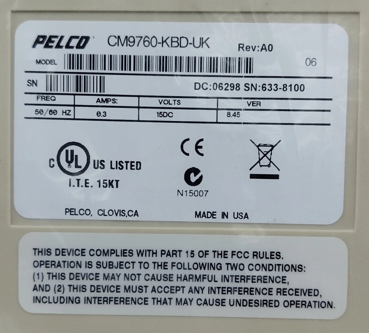 PELCO CM9760-KBD-UK Intelligent Matrix Keyboard 50/60Hz Complete Accessories