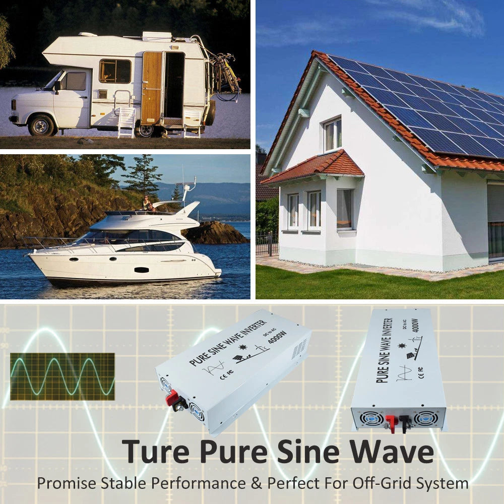 4000 W Pure Sine Wave Inverter 12V to 120V Power Home Solar System Generator Car