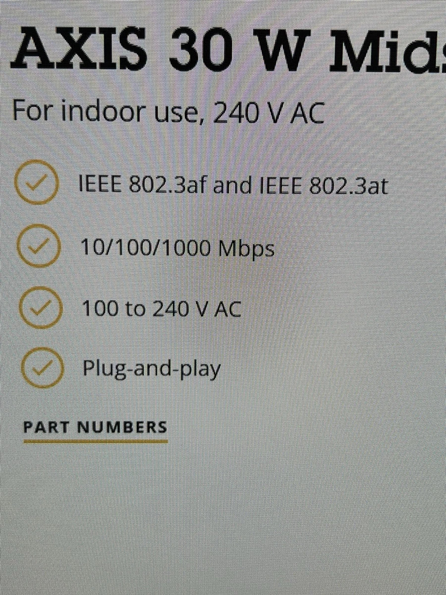 AXIS 30 W Midspan P/N: 02172-004 POE INJECTOR PLUG and PLAY 10/100/1000 Mbps