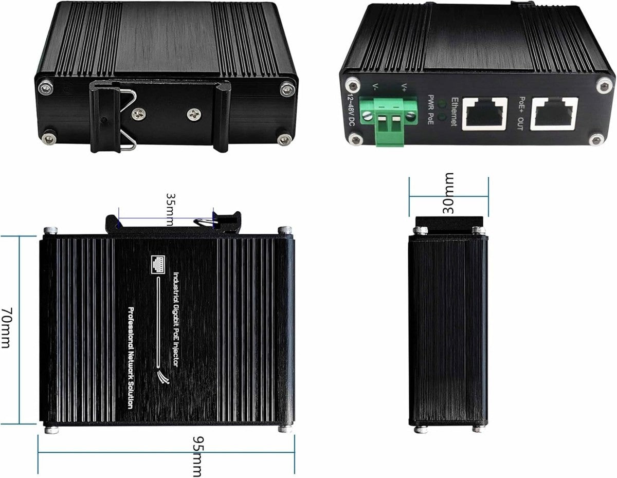 Industrial 60W PoE Injector Gigabit IEEE802.3at 48V DC 12-48V DIN Rail Mount