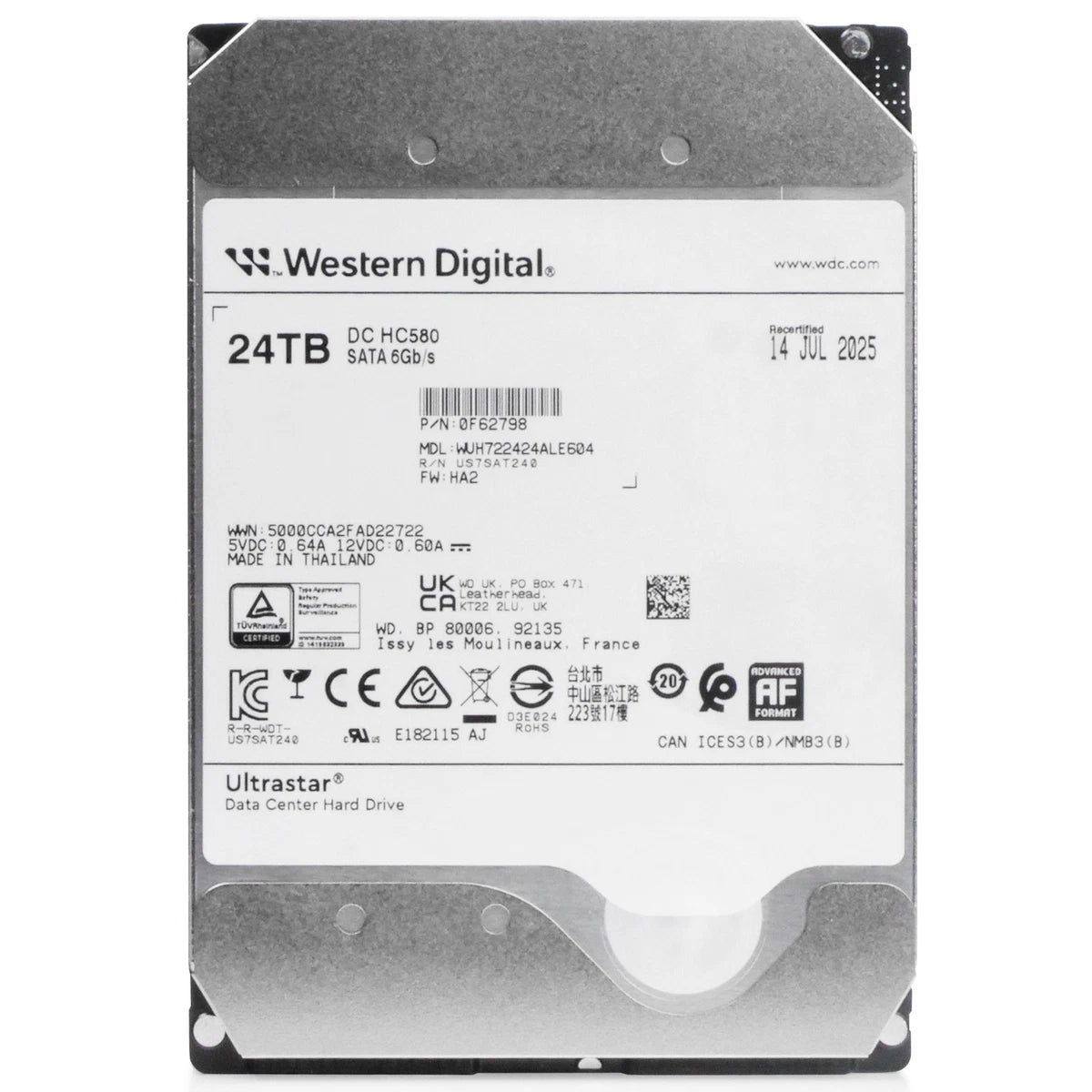 WD DC HC580 24TB WUH722424ALE604 0F62798 7.2K RPM SATA 6Gb/s 512e 3.5" HDD