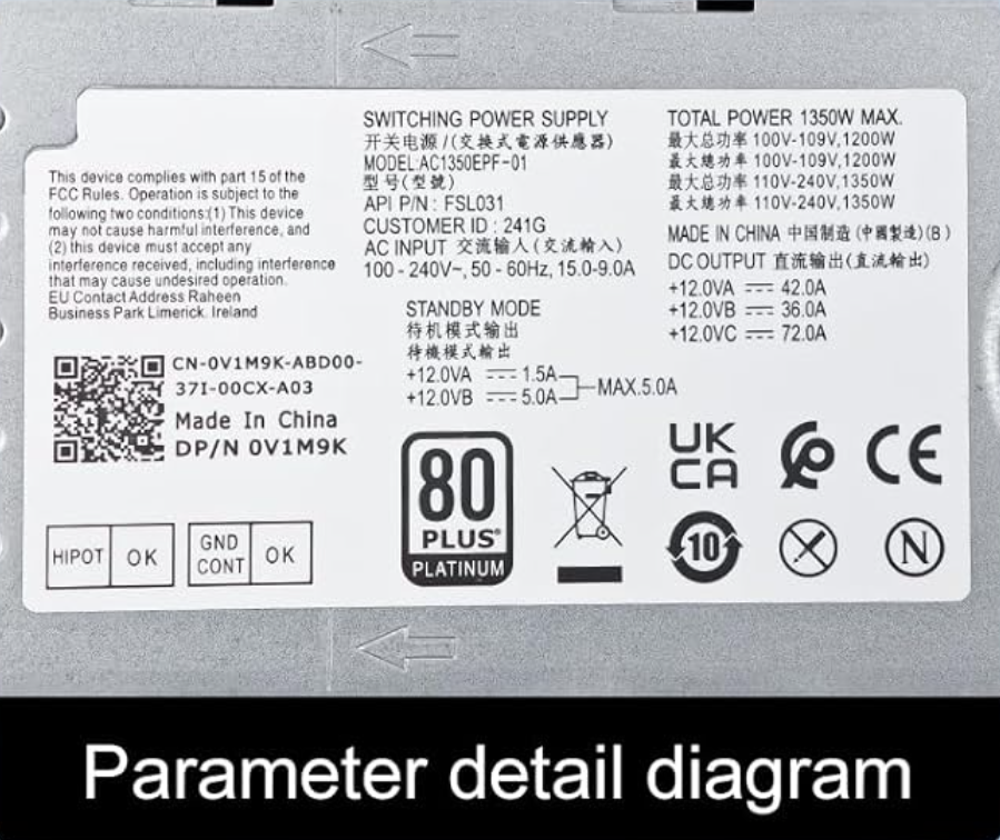 For Dell T3660 3680 R15 R16 1350W AC1350EPF-01 Power Supply KV63M 74HMF V1M9K