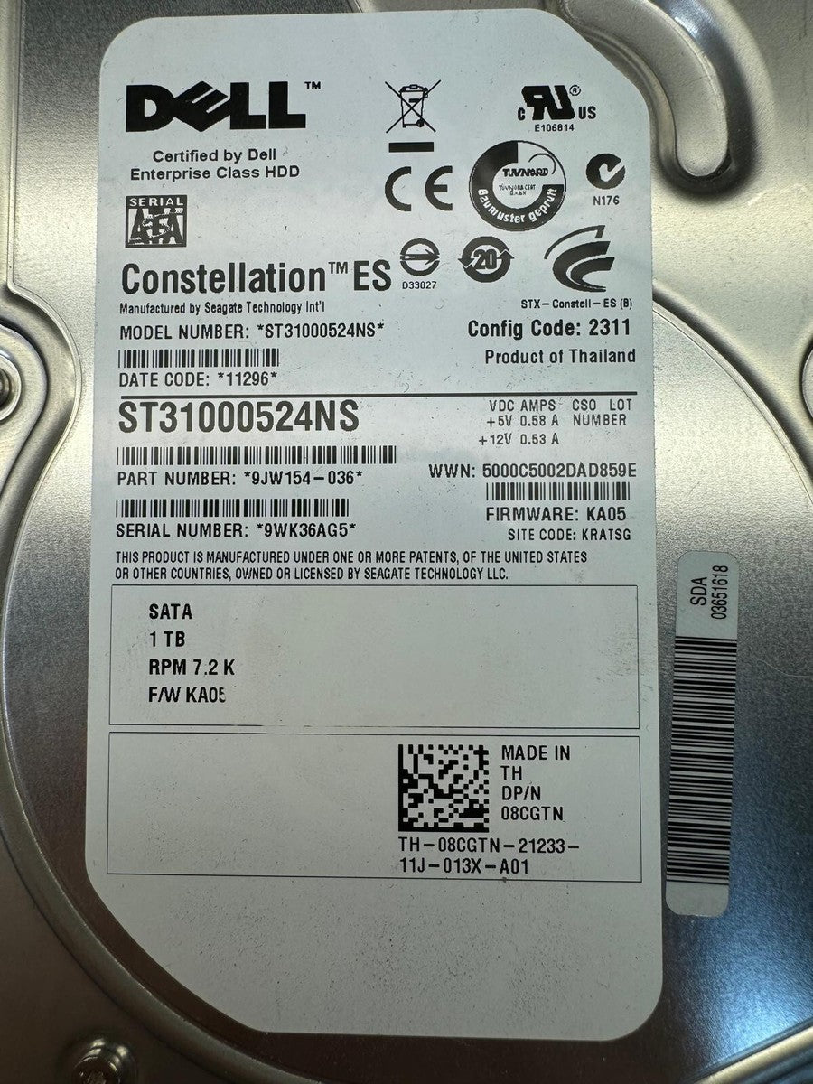 DELL 8CGTN ST31000524NS 9JW154 1TB 7.2K RPM 32MB CACHE 3Gb/s SATA 3.5" HDD