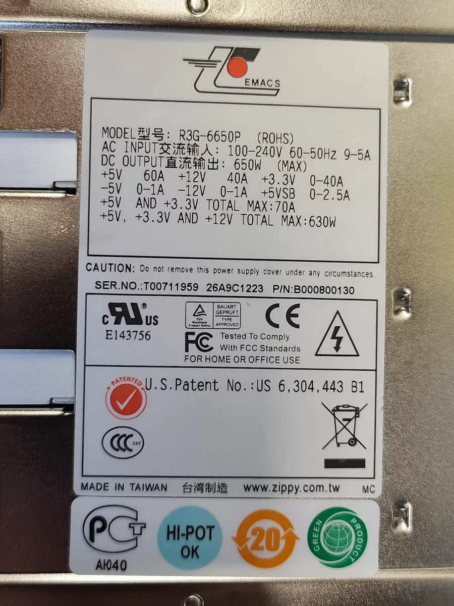 Zippy Emacs 3U 650W 2+1 Redundant PFC EPS12V Power Supply R3G-6650P TESTED