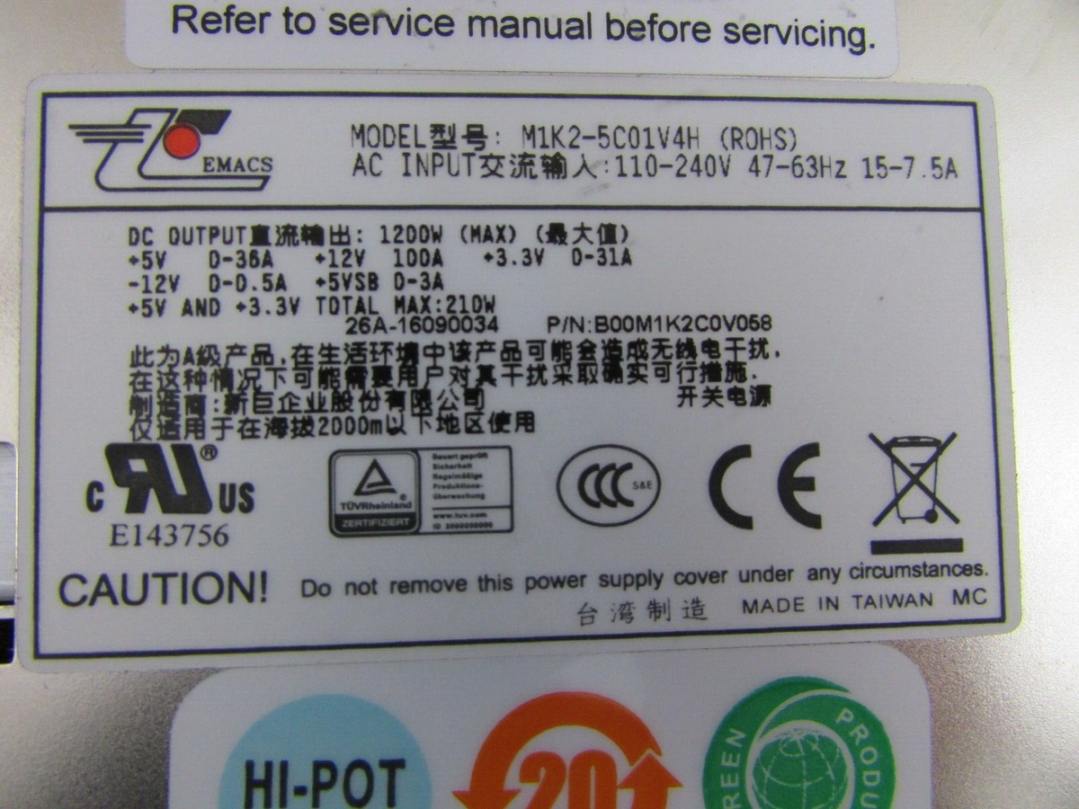 Zippy EMACS M1K2-5C01V4H 1U 1200w Redundant Server Power Supply w/2 Pwr Modules
