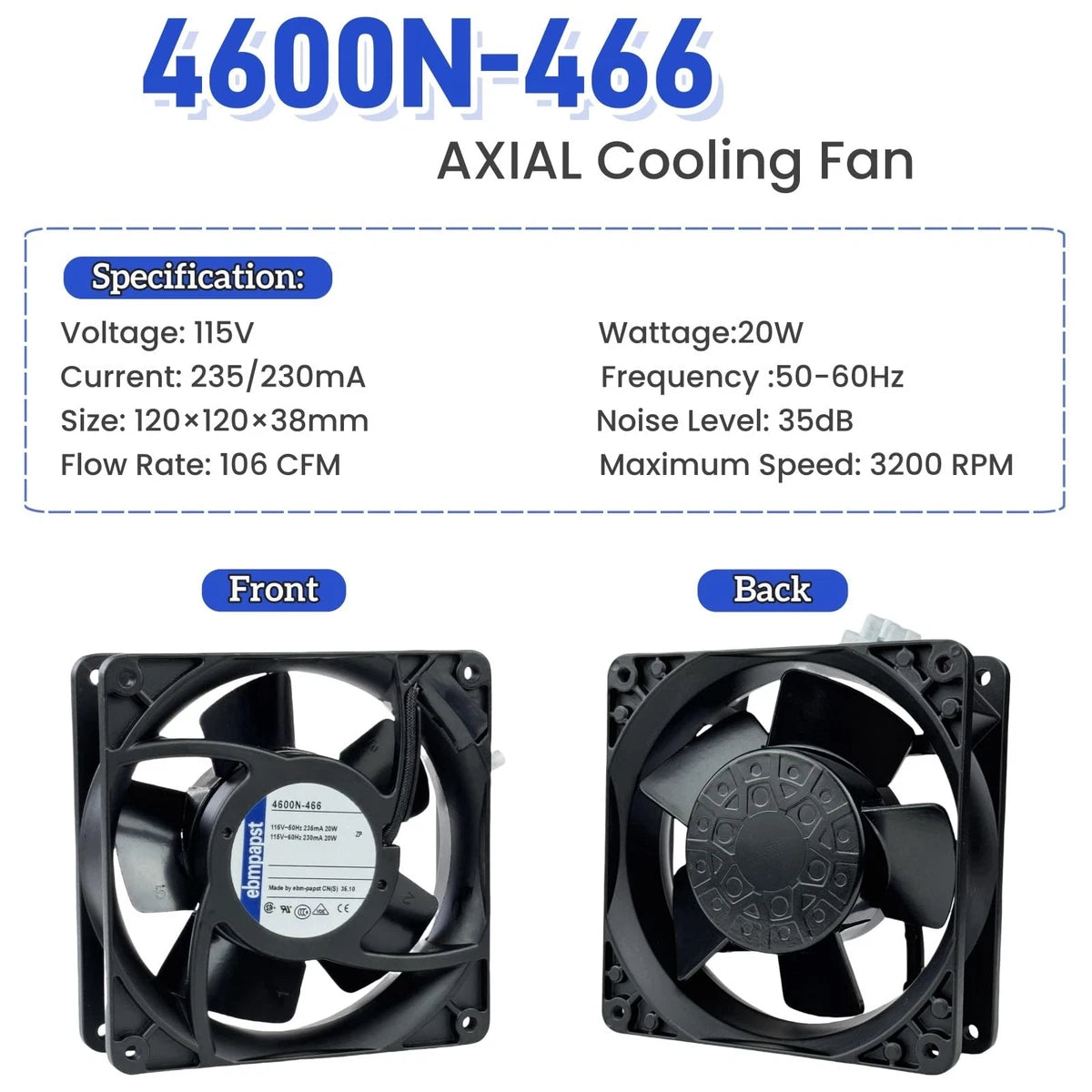 for ebmpapst 4600N-466 Axial Fan,115V 20W 106CFM Industrial Cooling Fan All-M...