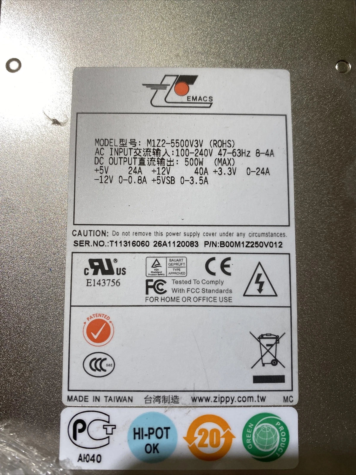 Emacs Zippy M1Z2-5500V3V Redundant Hot-Swap 500W Power Supply w/2x M1Z-5500V