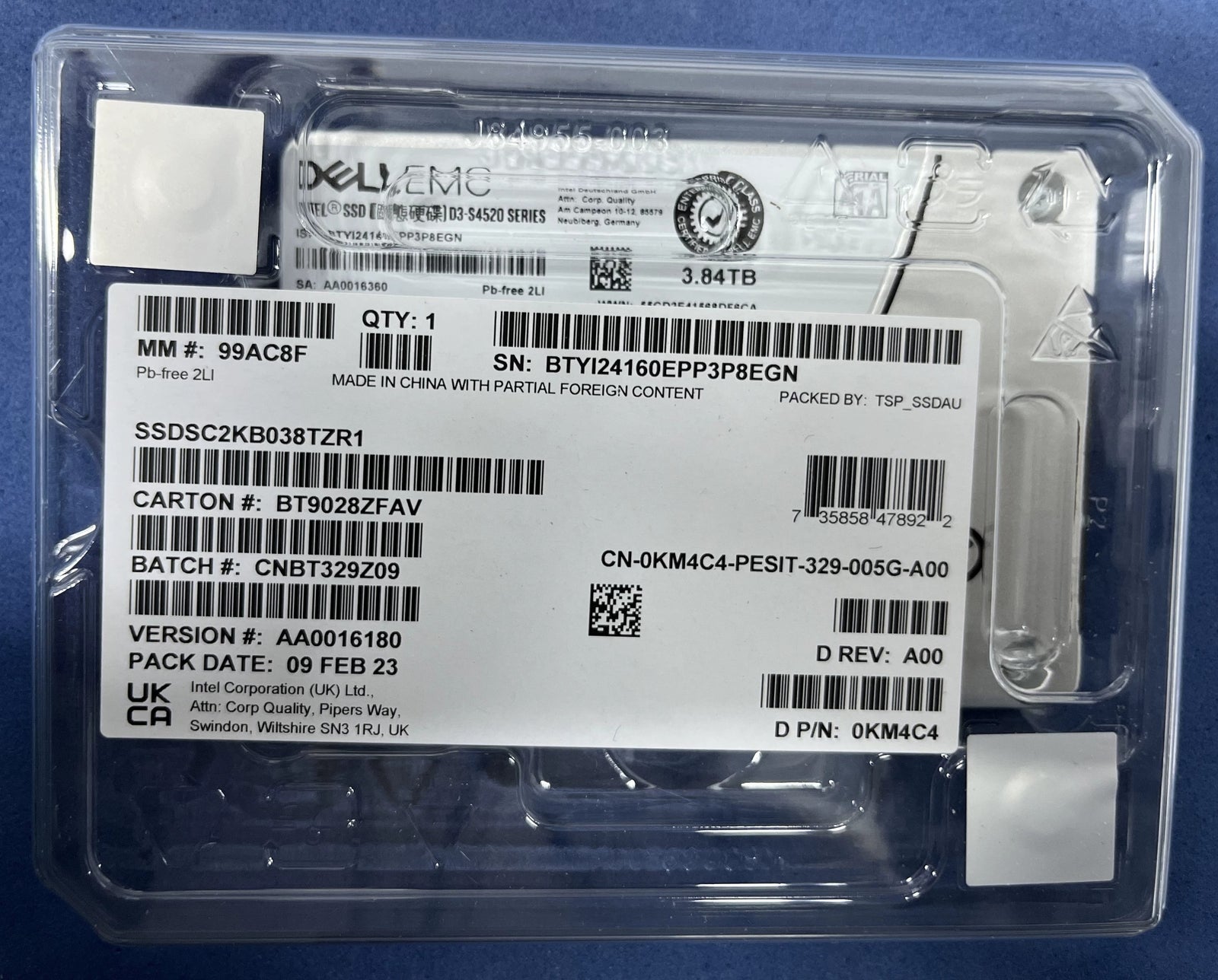 Intel D3 S4520 3.84TB SSD DELL 2.5" SATA III 6Gb/s OWNPN1 SSDSC2KB038TZR