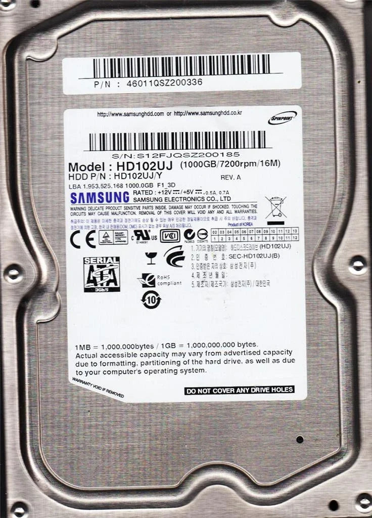 Samsung 1TB Spinpoint F1 7200 RPM 16MB Cache SATA 3.0Gb/s 3.5" Internal Hard Drive - HD102UJ (Like New)