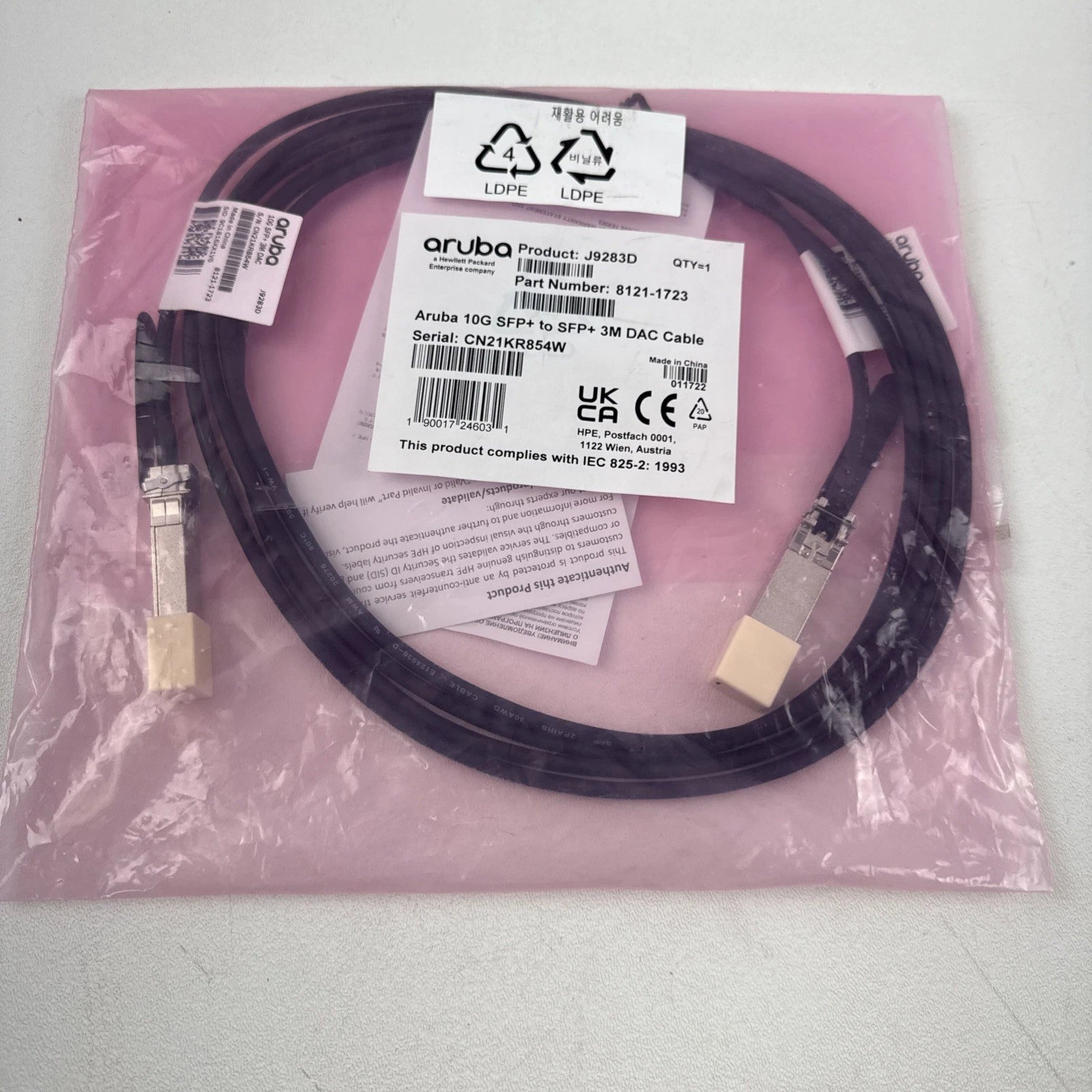 HPE Aruba J9283D 10G SFP+ to SFP+ 3m DAC Cable HP - NEW 9.8 Ft|286903862730