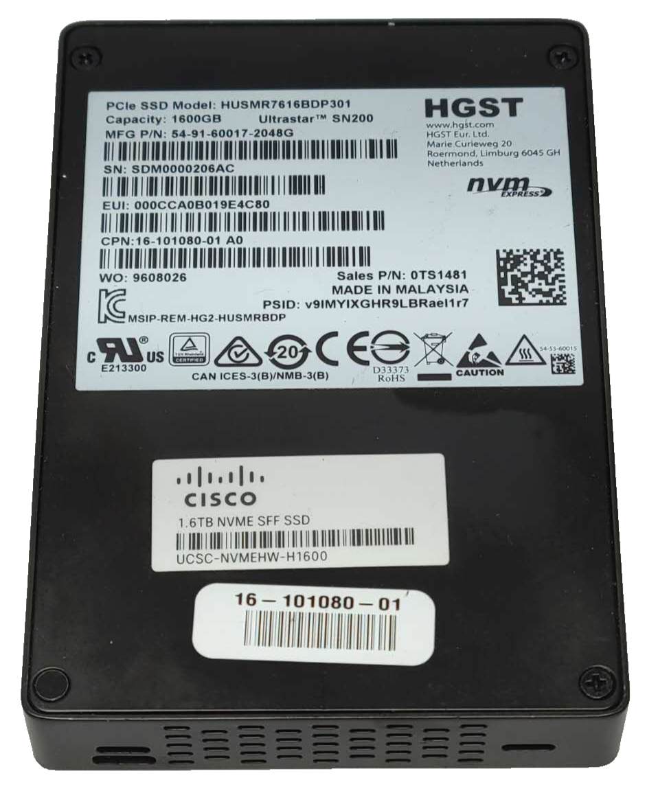 Cisco WD Ultrastar DC SN200 1.6TB 2.5" U.2 NVMe SSD HUSMR7616BDP301 99% HEALTH