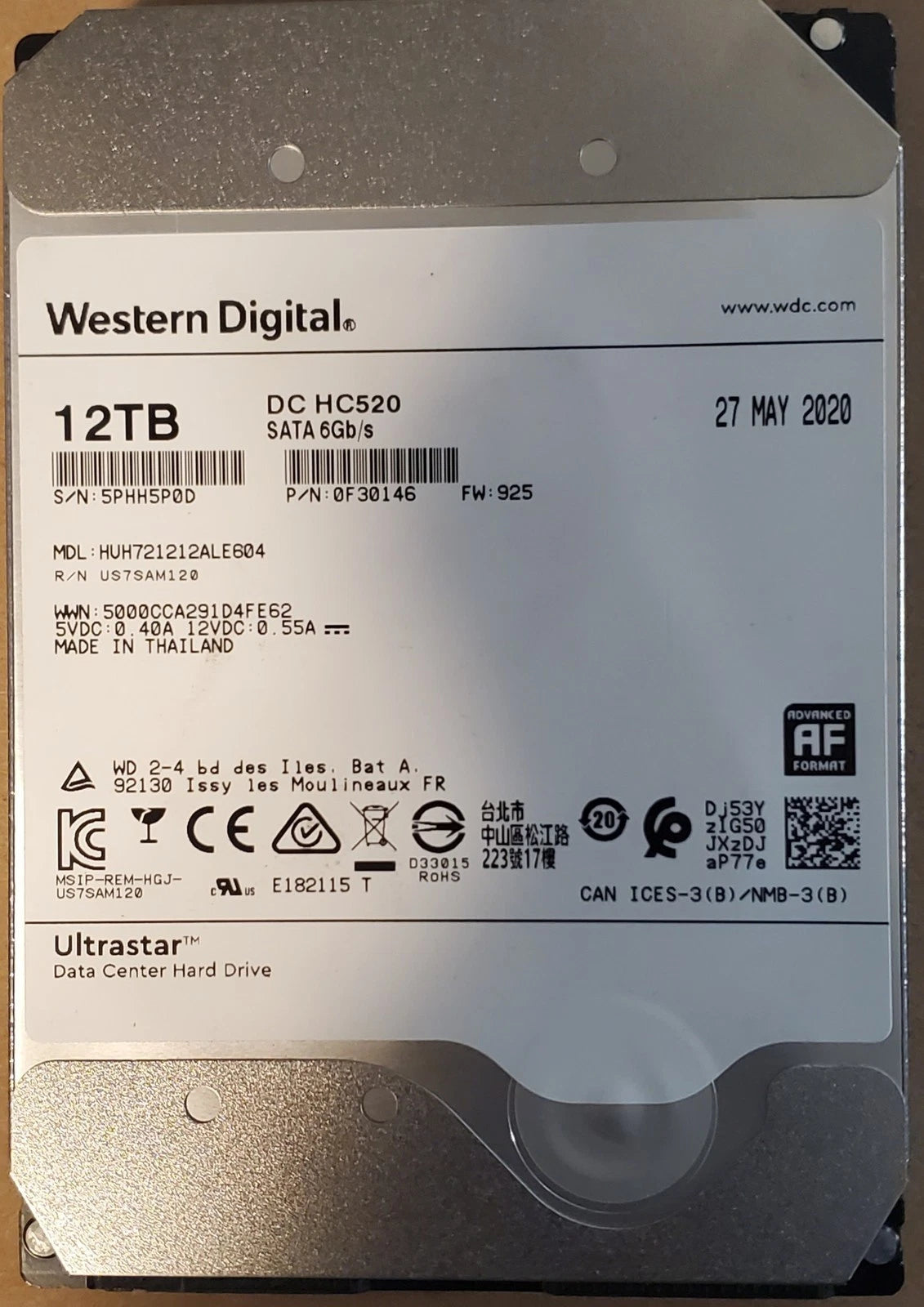 WD Ultrastar DC HC520 12TB 7.2K RPM SATA 6Gb/s 3.5"HDD HUH721212ALE604