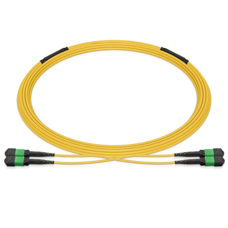 Pre-terminated MPO 2x2 Shuffle Breakout Cable, 16 Fibers, 2 x MPO-8 APC (Male) to 2 x MPO-8 APC (Male), Single Mode (OS2), Type 2, LSZH/OFNP, 0.35dB Max, Breakout 80cm, Yellow