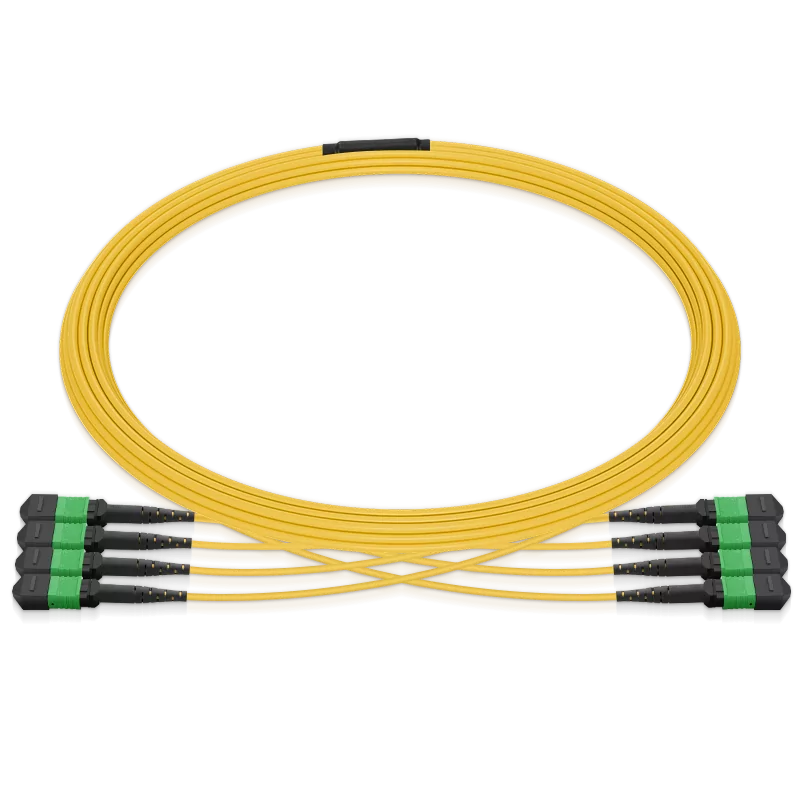 Pre-terminated MPO 4x4 Shuffle Trunk Cable, 32 Fibers, 4 x MPO-8 APC (Female) to 4 x MPO-8 APC (Female), Single Mode (OS2), Type 4, LSZH, 0.35dB Max, Breakout 80cm, Yellow