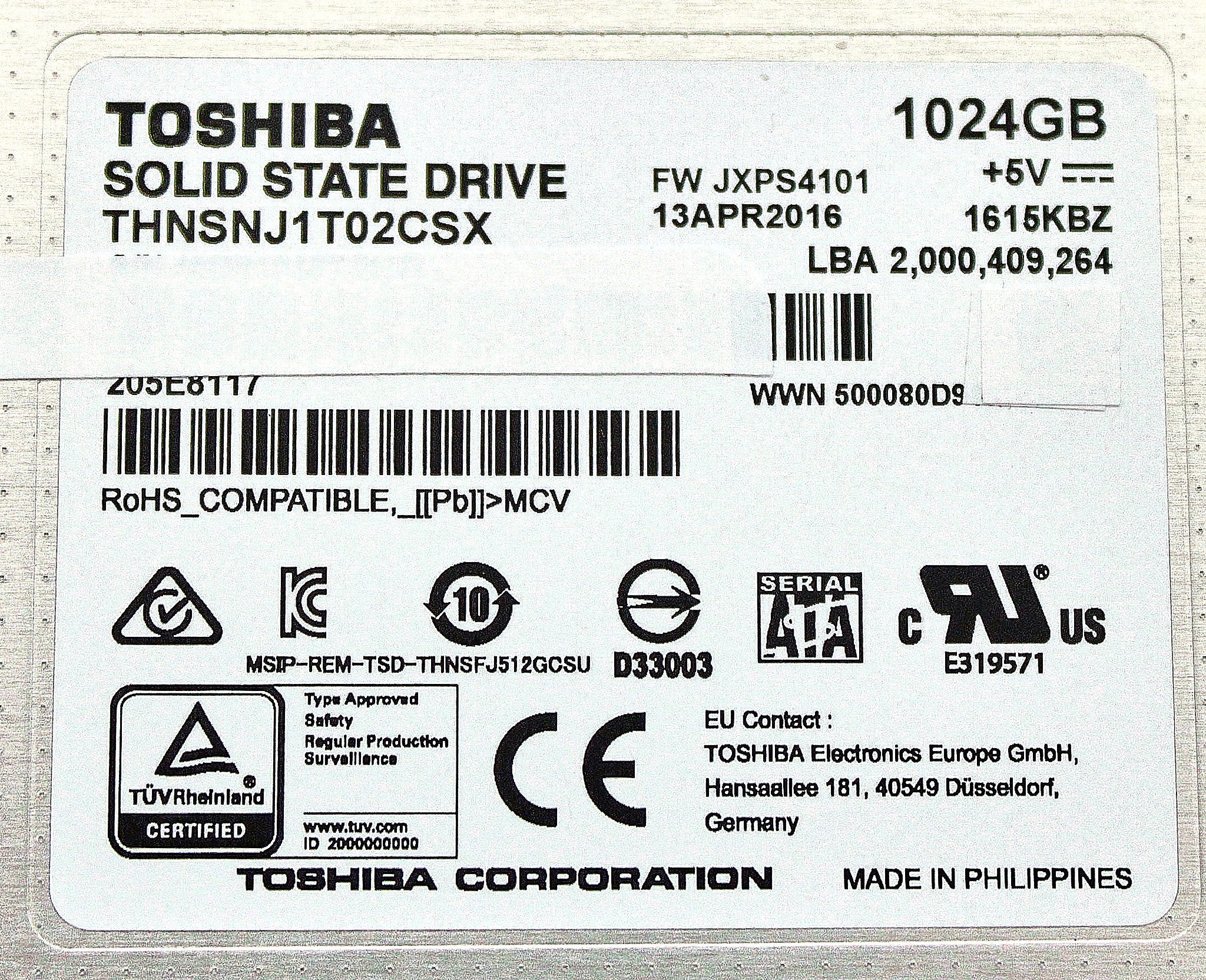 Toshiba THNSNJ1T02CSX SSD 1024GB SATA 6G 2.5"