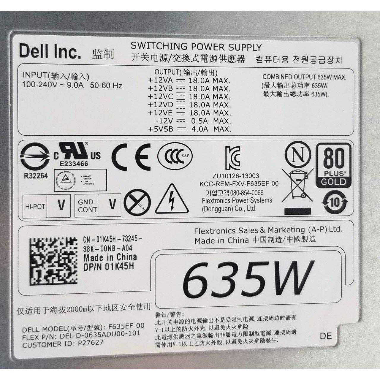 Dell DELL F635EF-00 DELL 635W 80 PLUS GOLD HOT PLUG FOR DELL PRECISION T3600 /T5600