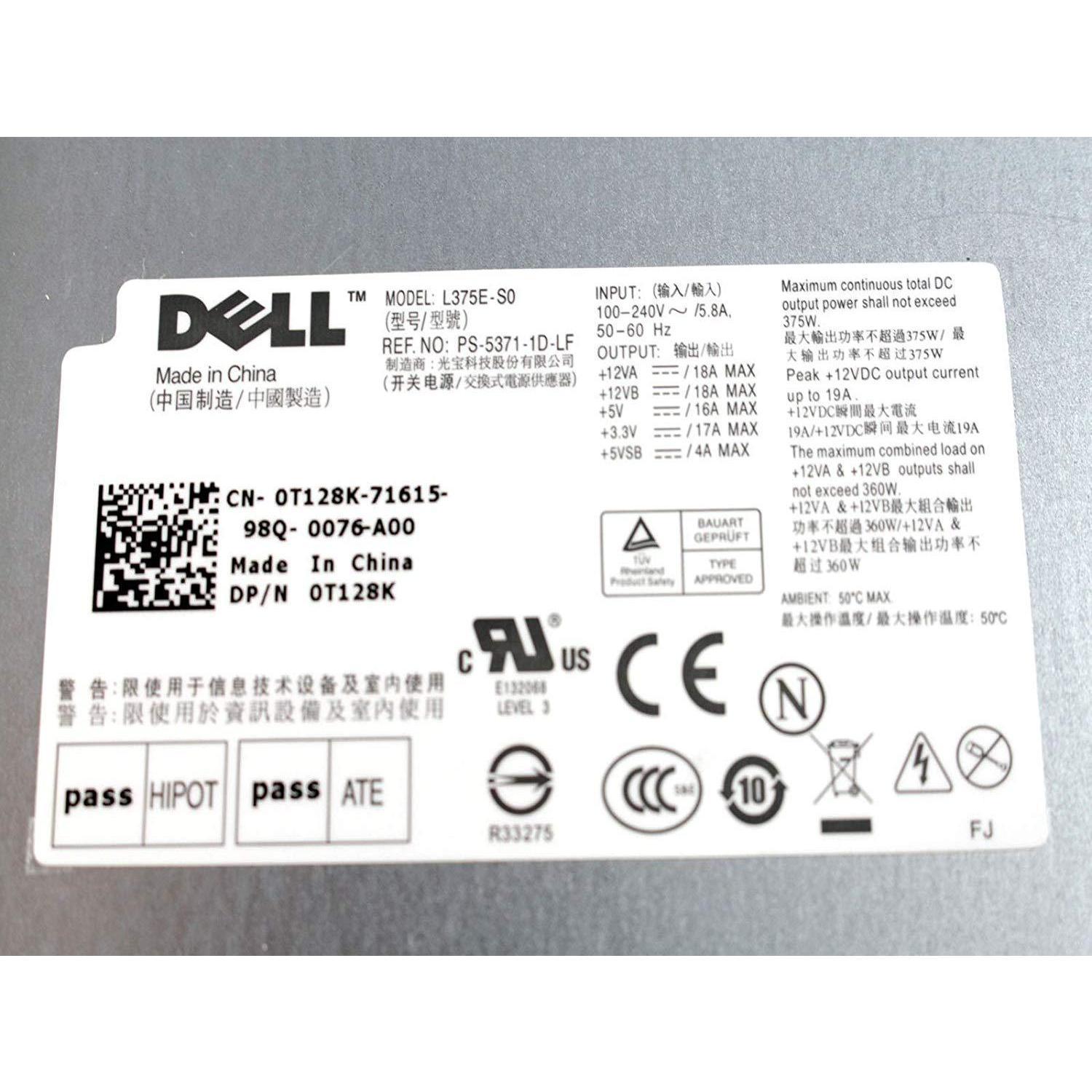 Dell Fuente Dell T122K Power Supply Power Brick Power Source PSU Non-Redundant 375w For The PowerEdge T310 Server, Compatible Dell Part Number: T128K, Model Numbers: N375E-01, NPS-375CB-1 A