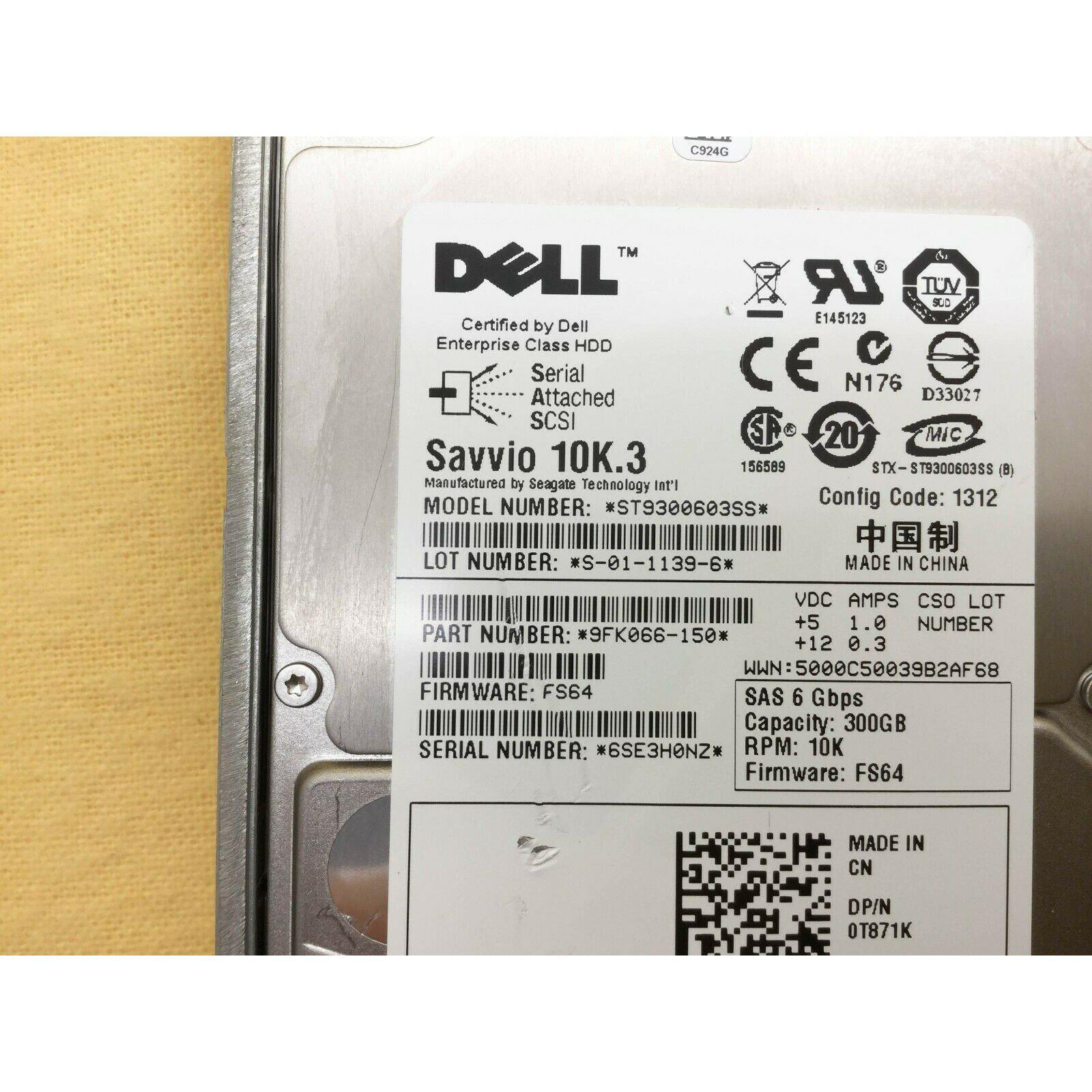 Dell T871K 0T871K DELL 300GB 10K 6G SFF SAS HDD ST9300603SS Seagate 700900353700