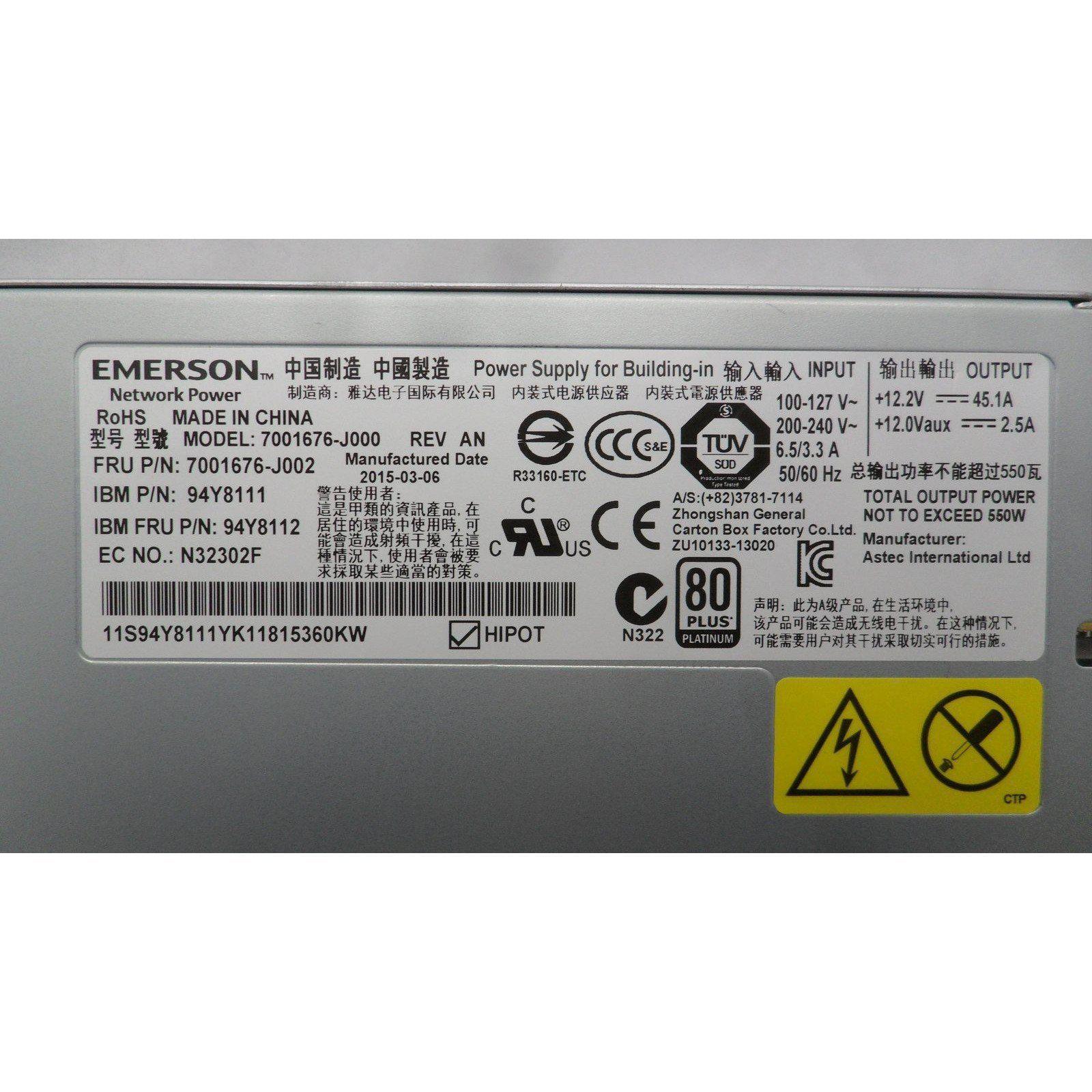 EMERSON System X3550 550W Power Supply 94Y8112 94Y8111 7001676-J002 7001676-J000