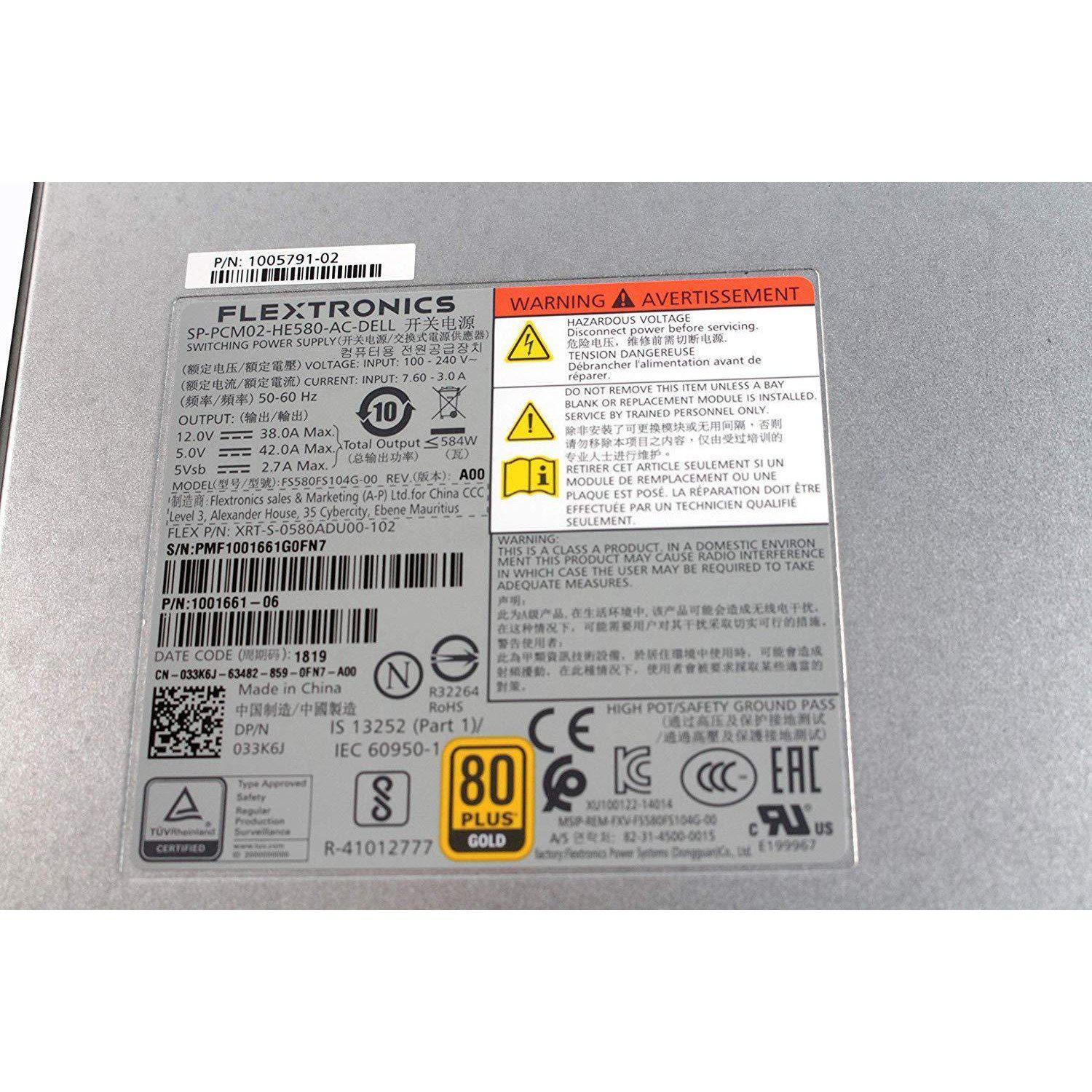 Power Flextronics 584W Switching Power Supply SP-PCM02-HE580-AC 33K6J CN-033K6J