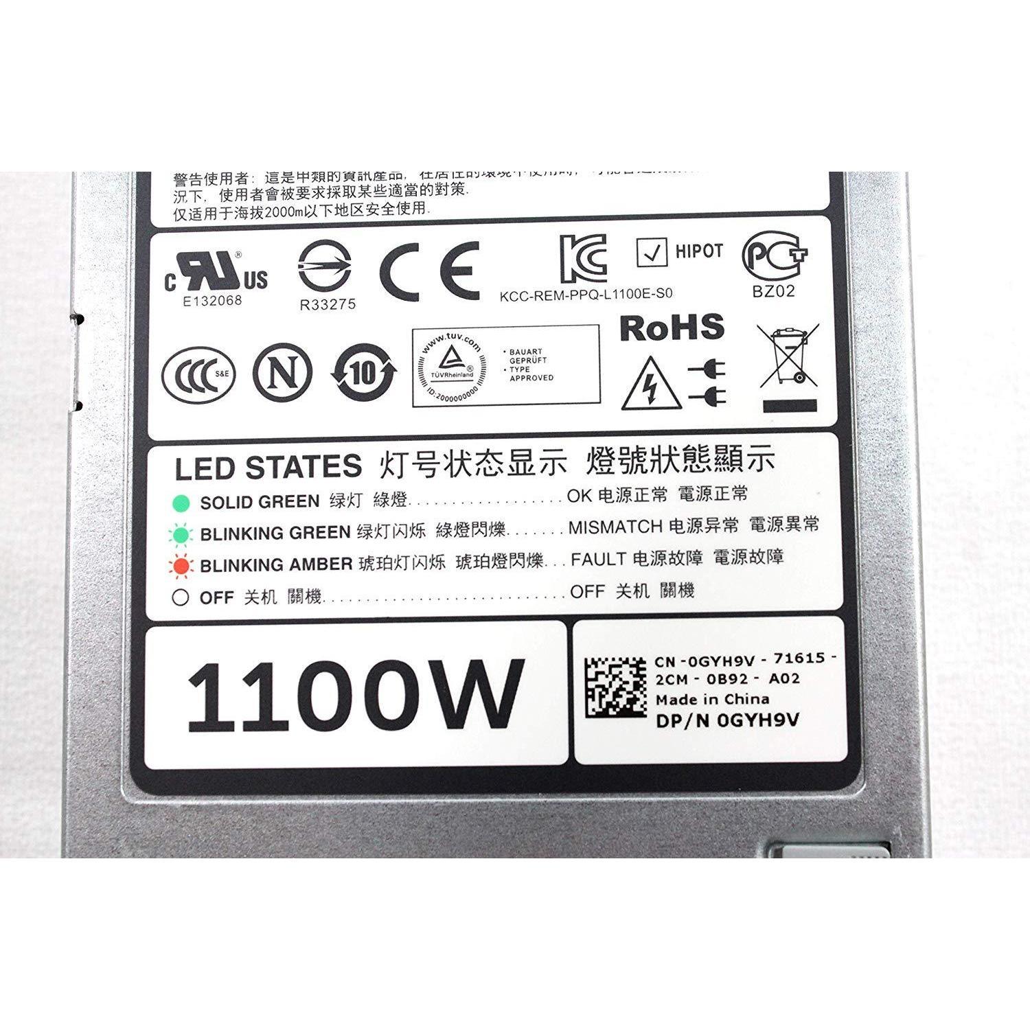 Dell Power Dell PowerEdge R520 R620 R720 R720XD R820 R920 T320 T420 T620 PowerVault DX6112 SN Server Power Supply 1100 Watt GYH9V YT39Y W933G NTCWP 38GYJ GDPF3 HT6GX 331-5926 L1100E-SO, PS-2112-4D-LF