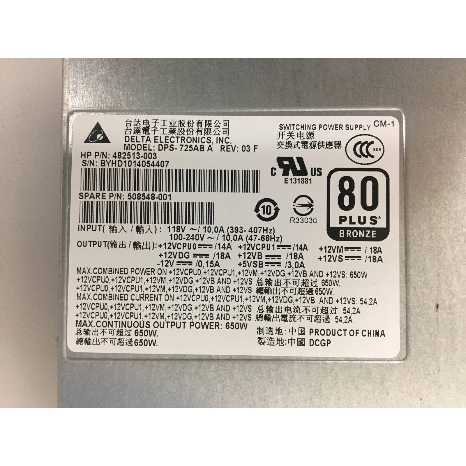 HP Power HP Z600 Workstation 650W Power Supply 482513-003 508548-001 Delta DPS-725AB