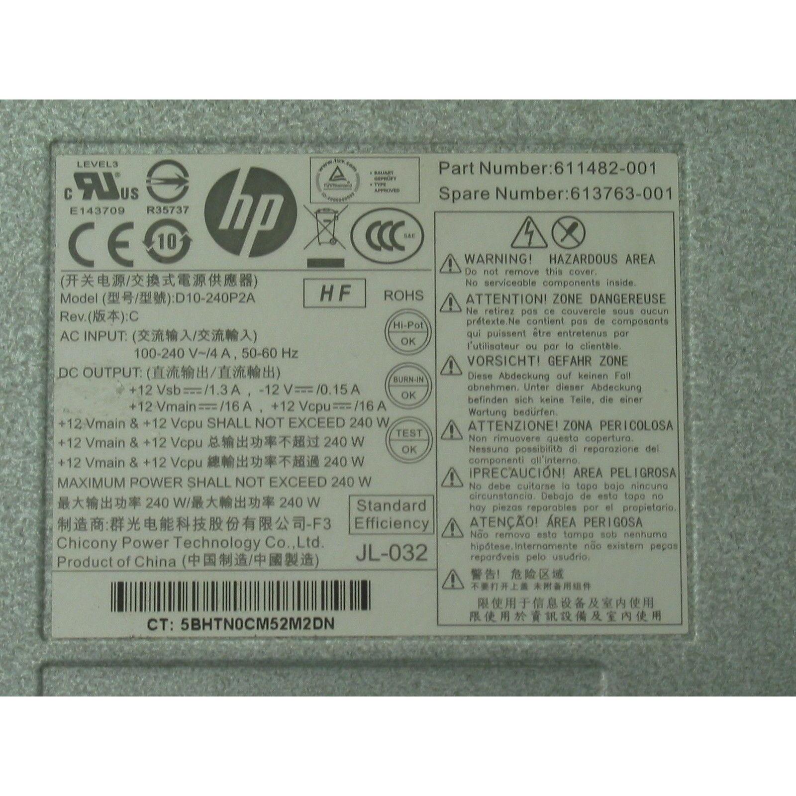 HP Power para HP Power Supply 611481-001 611482-001 240W Pro 6300 6305 Elite 8300 SFF DPS-240