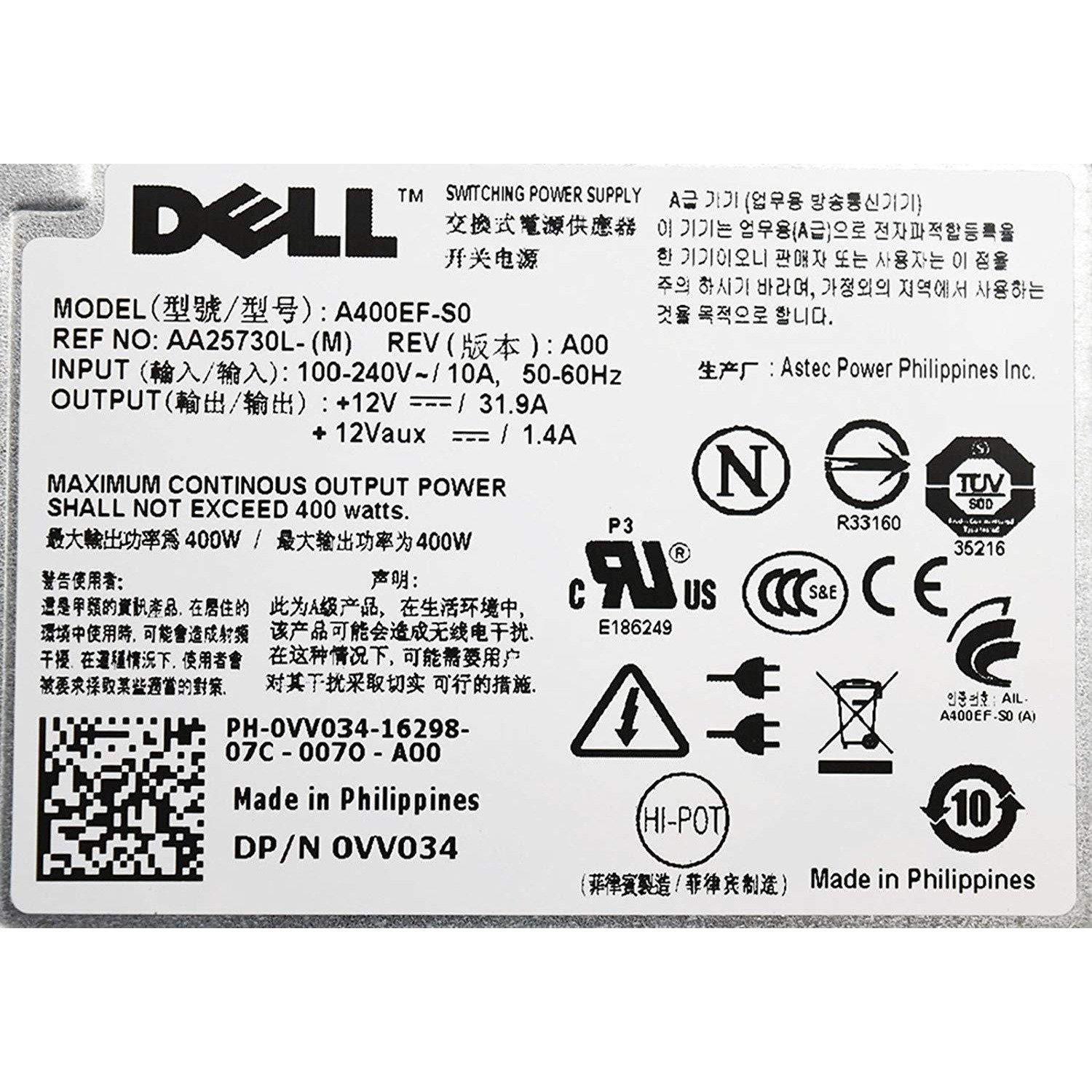 Dell Power FOR DELL VV034 Genuine Dell PowerEdge T310 Tower Server 400W Redundant Hot Swappable Power Supply Unit A400EF-S0 AA25730L D400EF-S0 DPS-400AB N884K