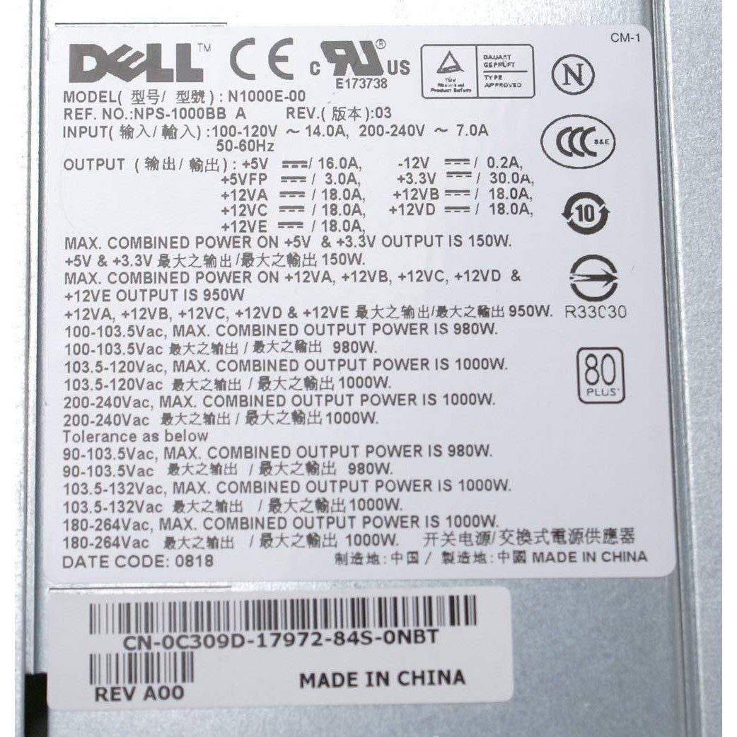 HP Dell Power Genuine Dell 1000w 1KW H1000E JW124 C309D Power Supply Unit PSU Brick With Harness For Precision T7400 Systems Compatible Part Numbers: C309D, JW123, JW124 Compatible Model Numbers: NPS-100BBA, HP-1K0HC3w, H1000E, N1000E-00