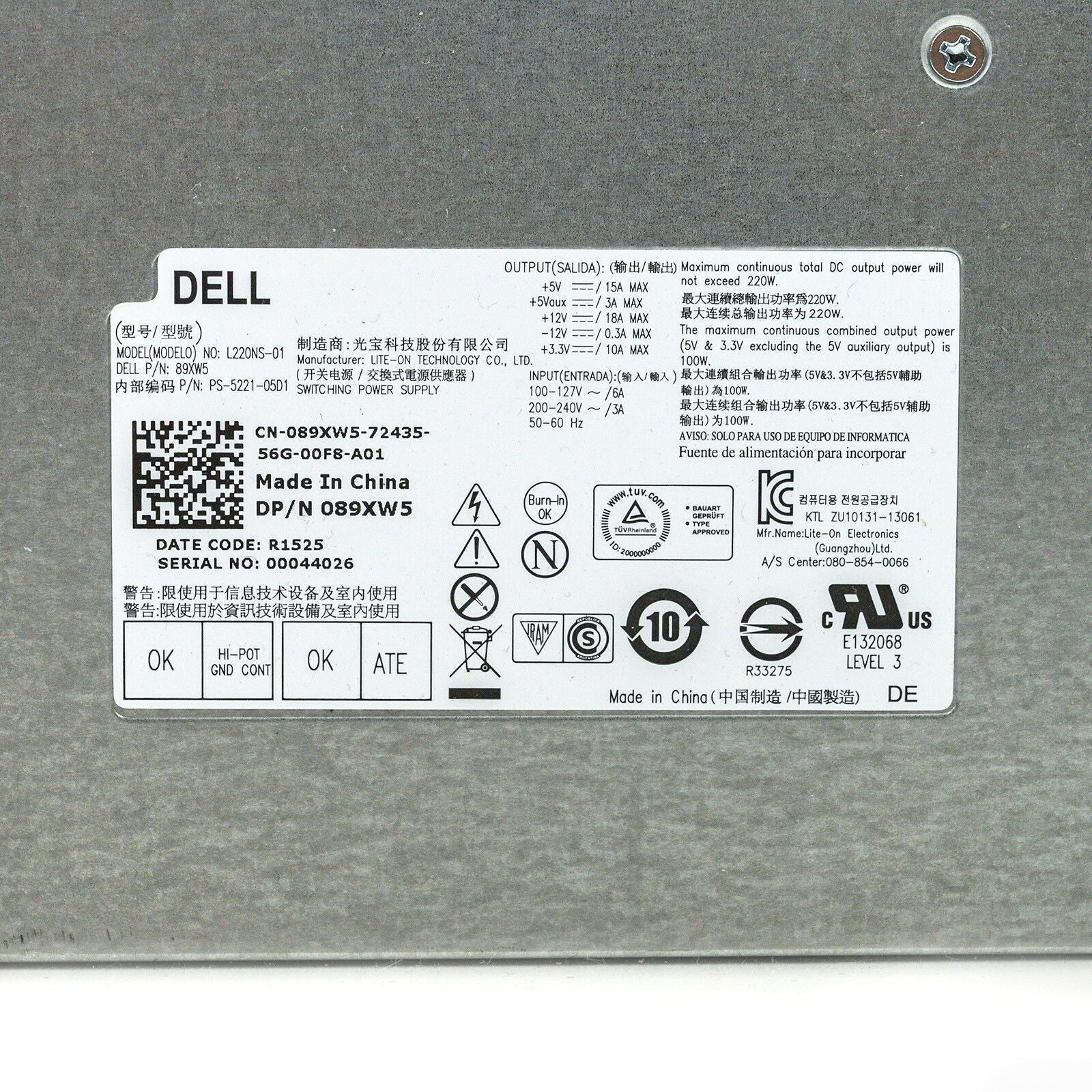 Dell Power Genuine Dell Inspiron 3647 660S 220W Power Supply 650WP 89XW5 L220NS-01 089xw5 ps-5221-0501