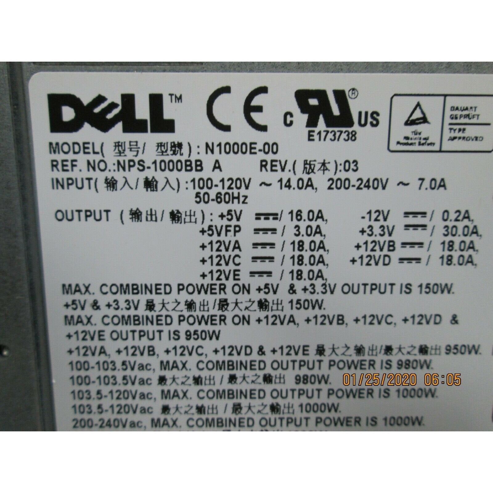 Dell N1000E-00 - Precision 1000W PSU Connector View | Alo Tech Solutions
