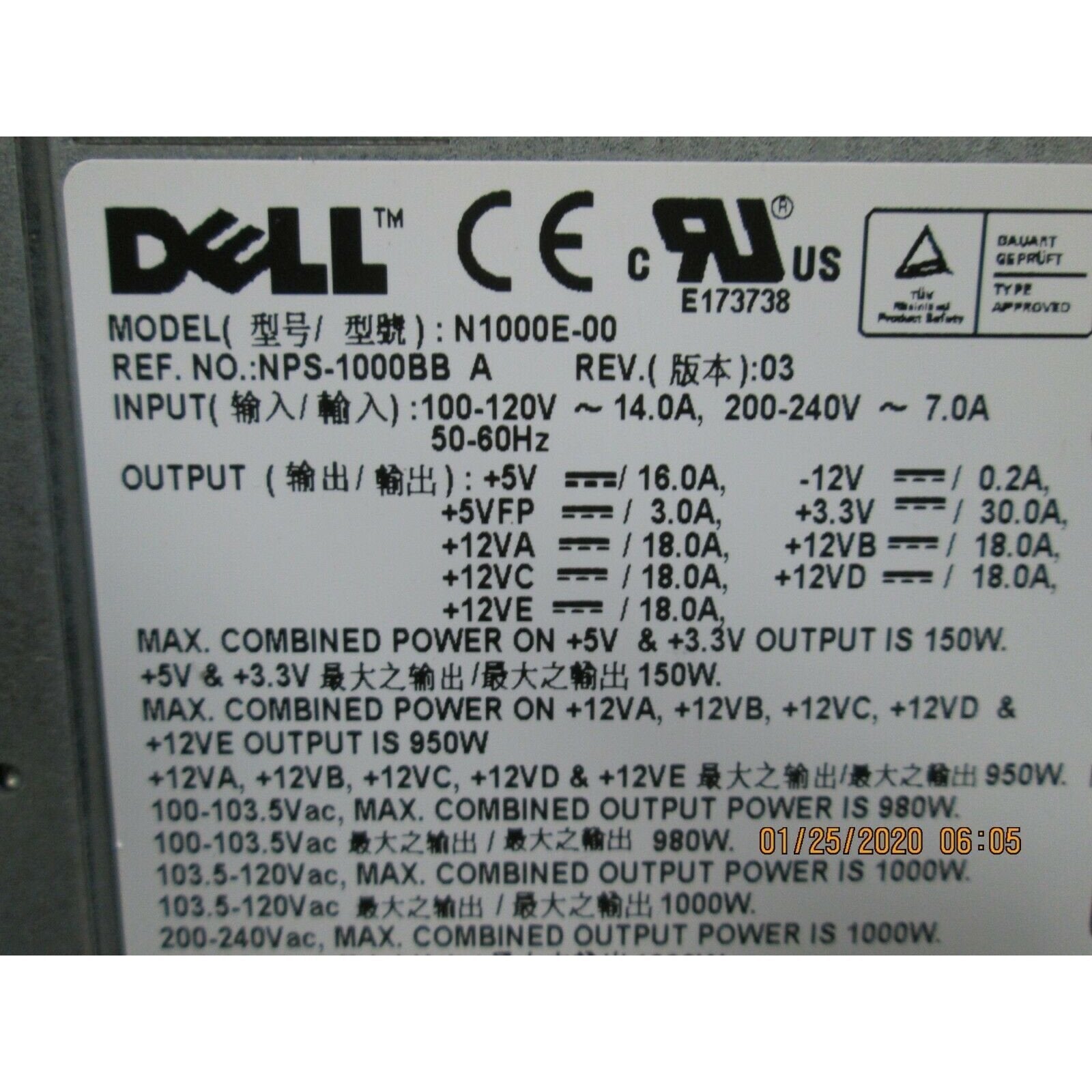 Dell Power Genuine Dell Precision N1000E-00 Power Supply