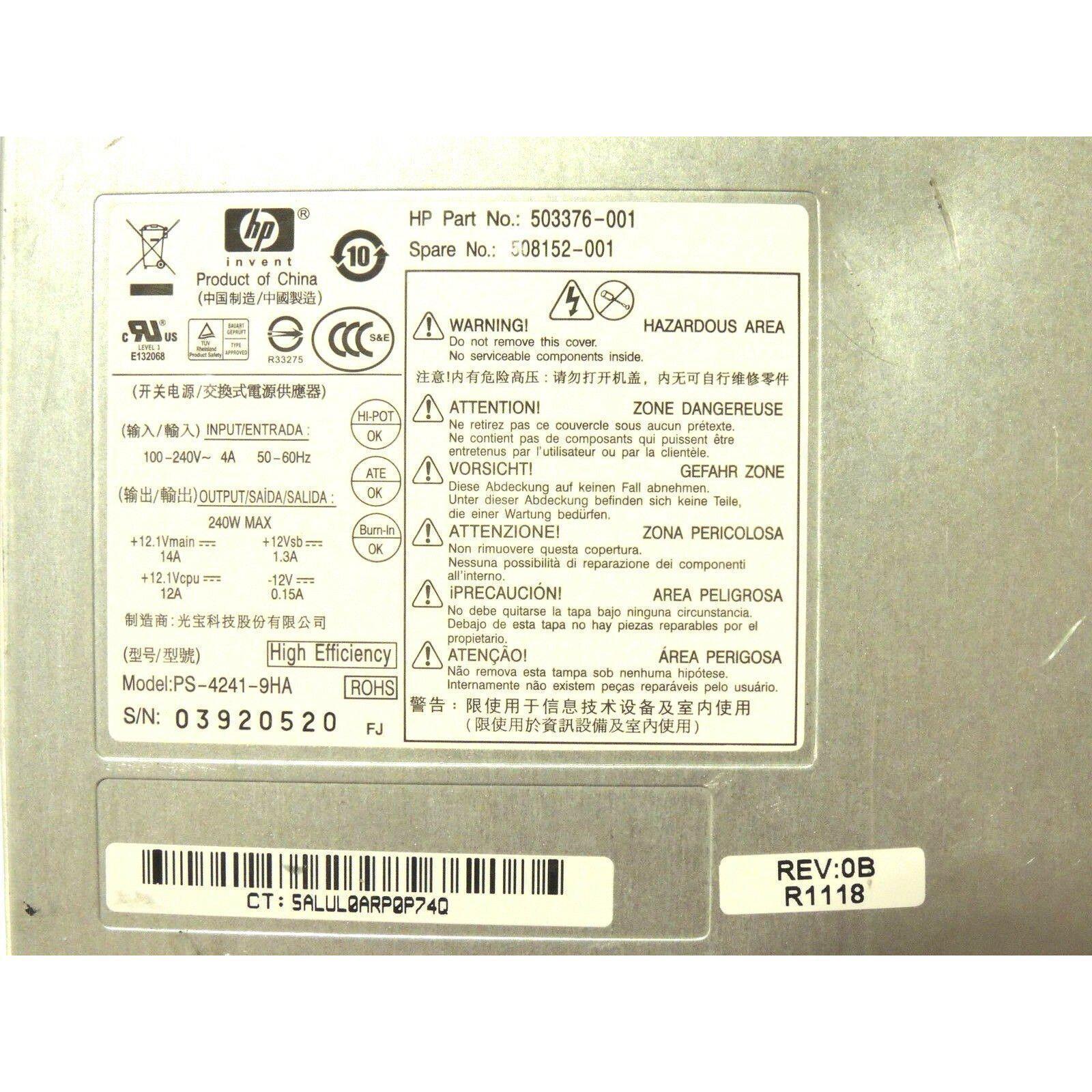 HP Fuente Genuine HP PS-4241-9HA Desktop PSU 240W ATX Power Supply PN 503376-001