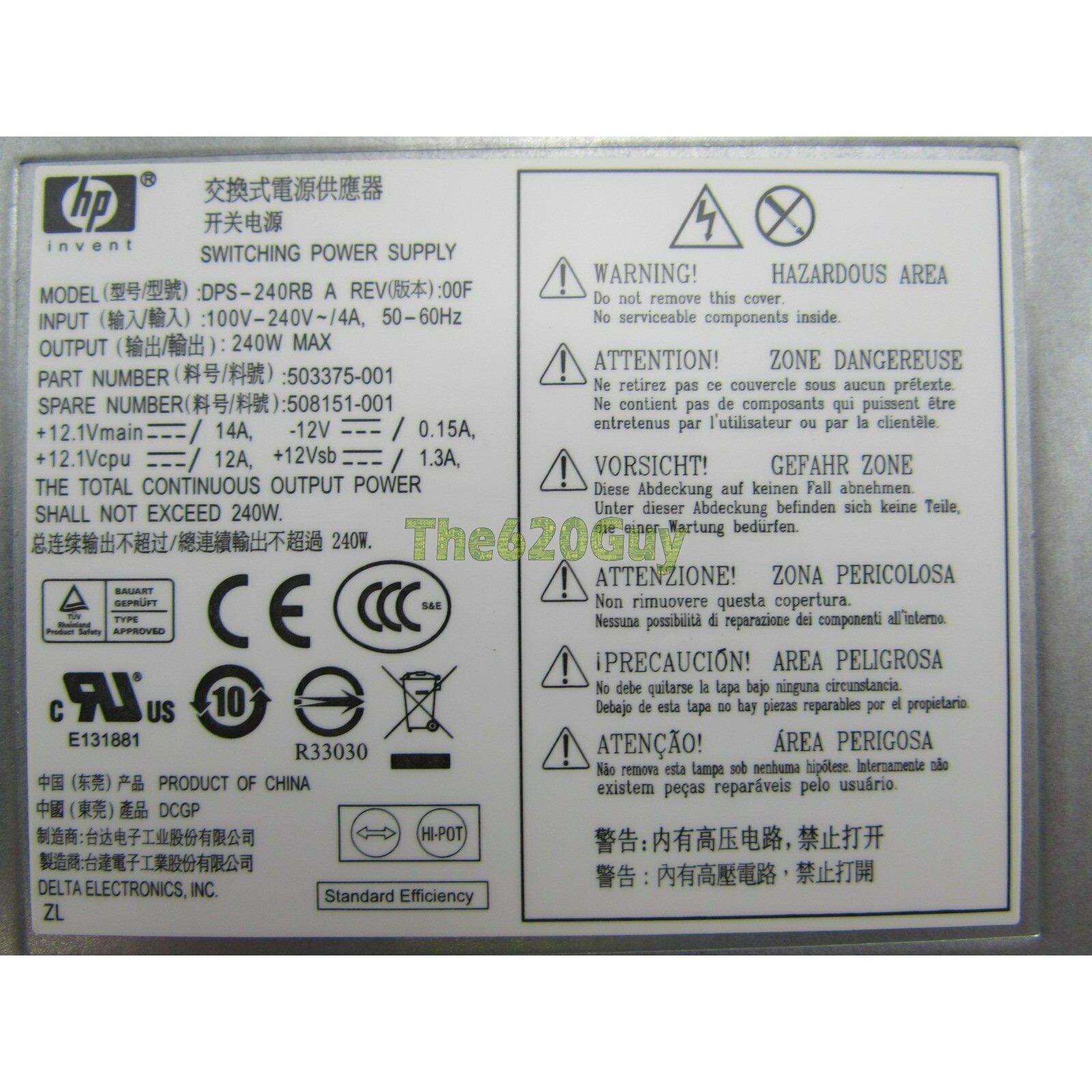 HP Fuente HP 508151-001 240W 240 Watts BTX Power Supply PSU Delta DPS-240RB A 503375-001 5704327877479
